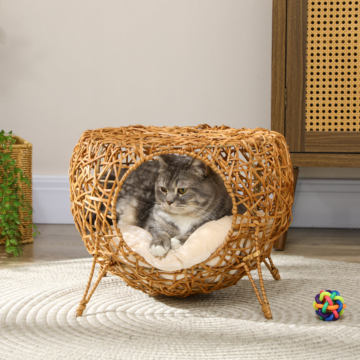 Niche pour chat lit pour chat panier chat maison de chat en rotin coussin épais Ø 40 x 32 cm marron clair-1