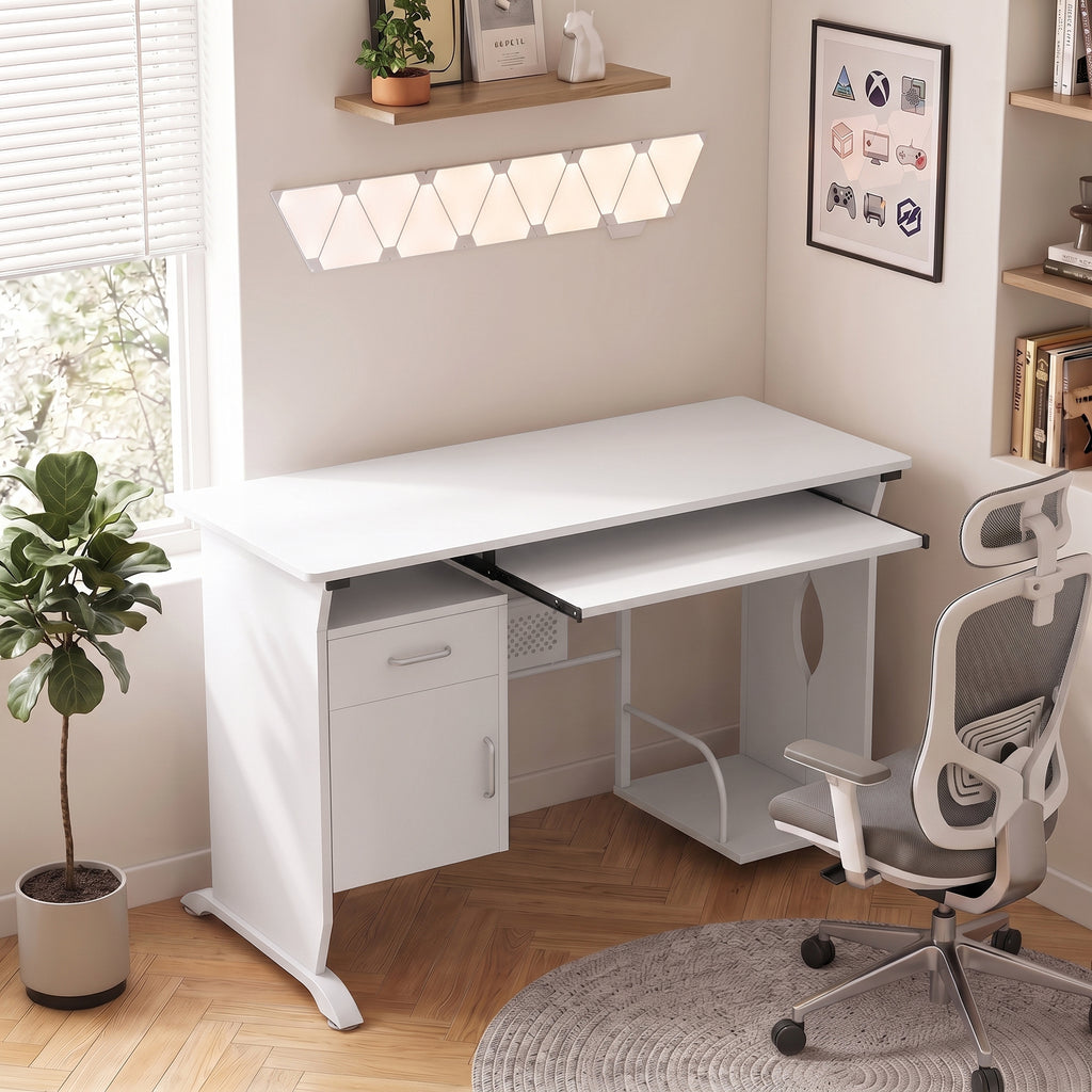 Bureau d'ordinateur, 100 x 52 x 75 cm, tablette coulissante pour clavier, tiroirs et support d'unité centrale, blanc-1