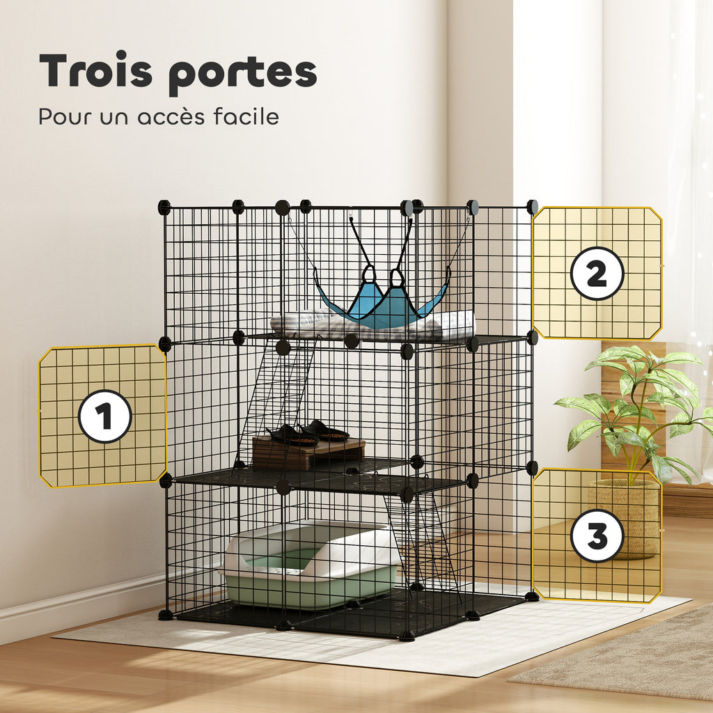 Cage Chat Intérieur Enclos Chat Modulable 3 Portes Hamac Échelle pour Petits Animaux de Compagnie 70x70x105cm Noir-5