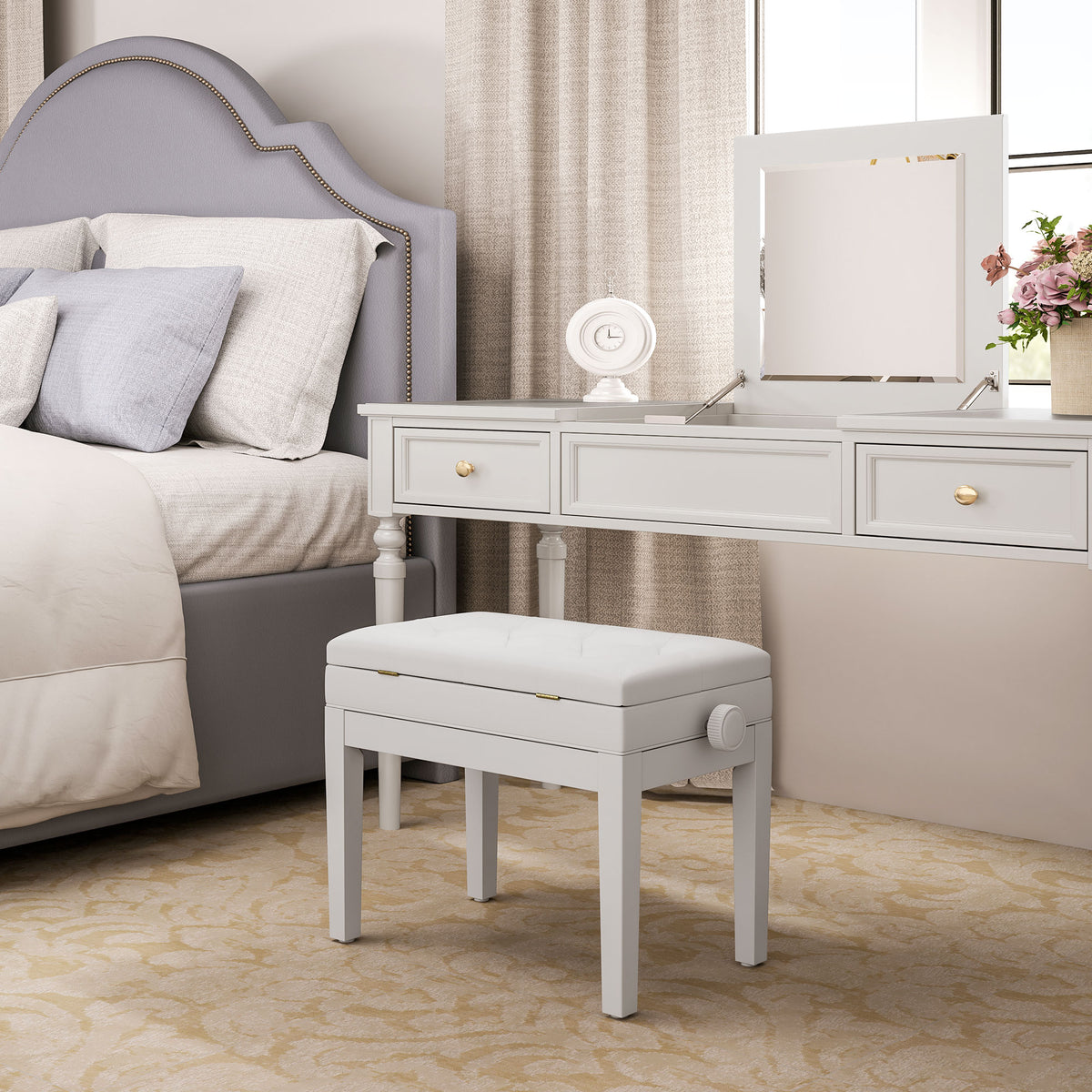 Banc de piano, banc de clavier réglable en hauteur en bois massif, compartiment de rangement, 55 x 33 x 48-58 cm blanc-8