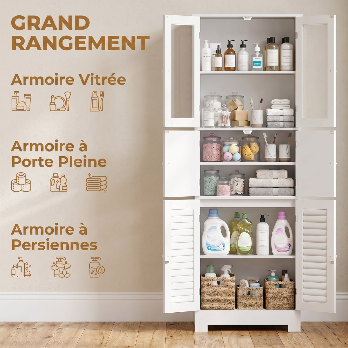 Meuble de salle de bain haut, meuble de rangement avec 6 portes dont 2 vitrées et 2 persiennes, étagère réglable, blanc-3
