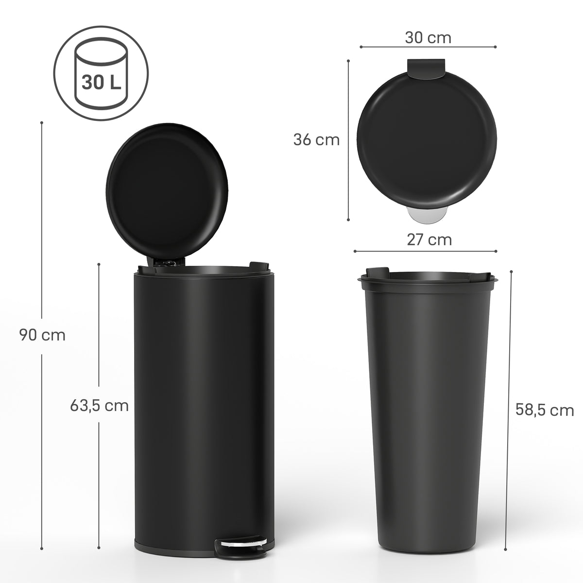 Poubelle de Cuisine 30 L en Métal, Poubelle à Pédale avec Couvercle à Fermeture Douce et Seau Amovible, Noir-2