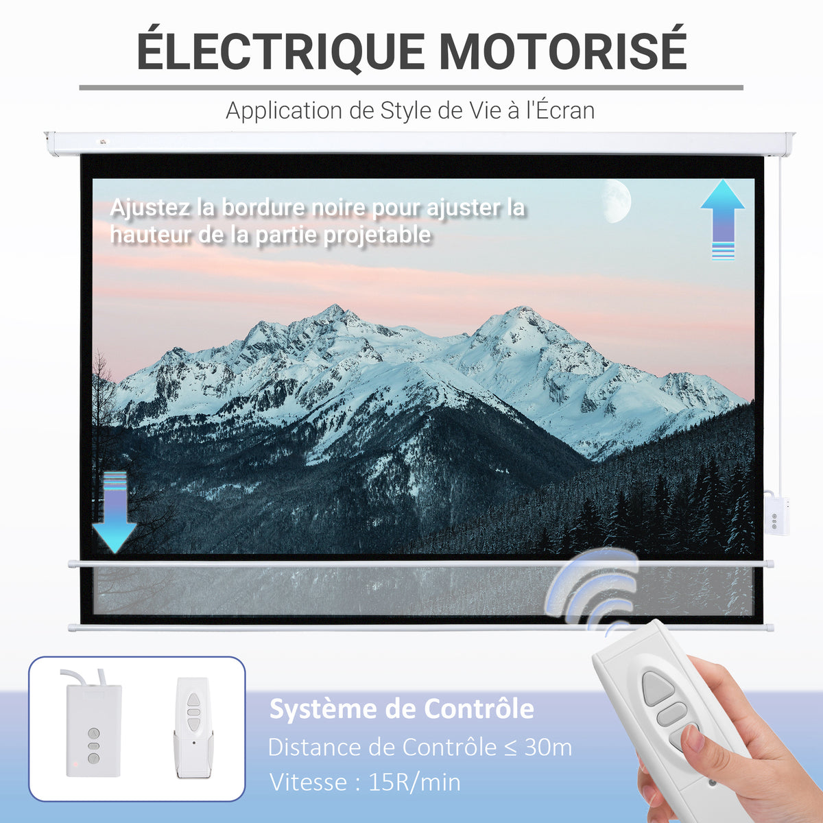 Écran vidéoprojecteur 100 Pouces, 16:9 4K HD écran de projection motorisé et électrique, écran de projection tv et home cinéma, montage mural ou plafond, panneau de commande et télécommande-3