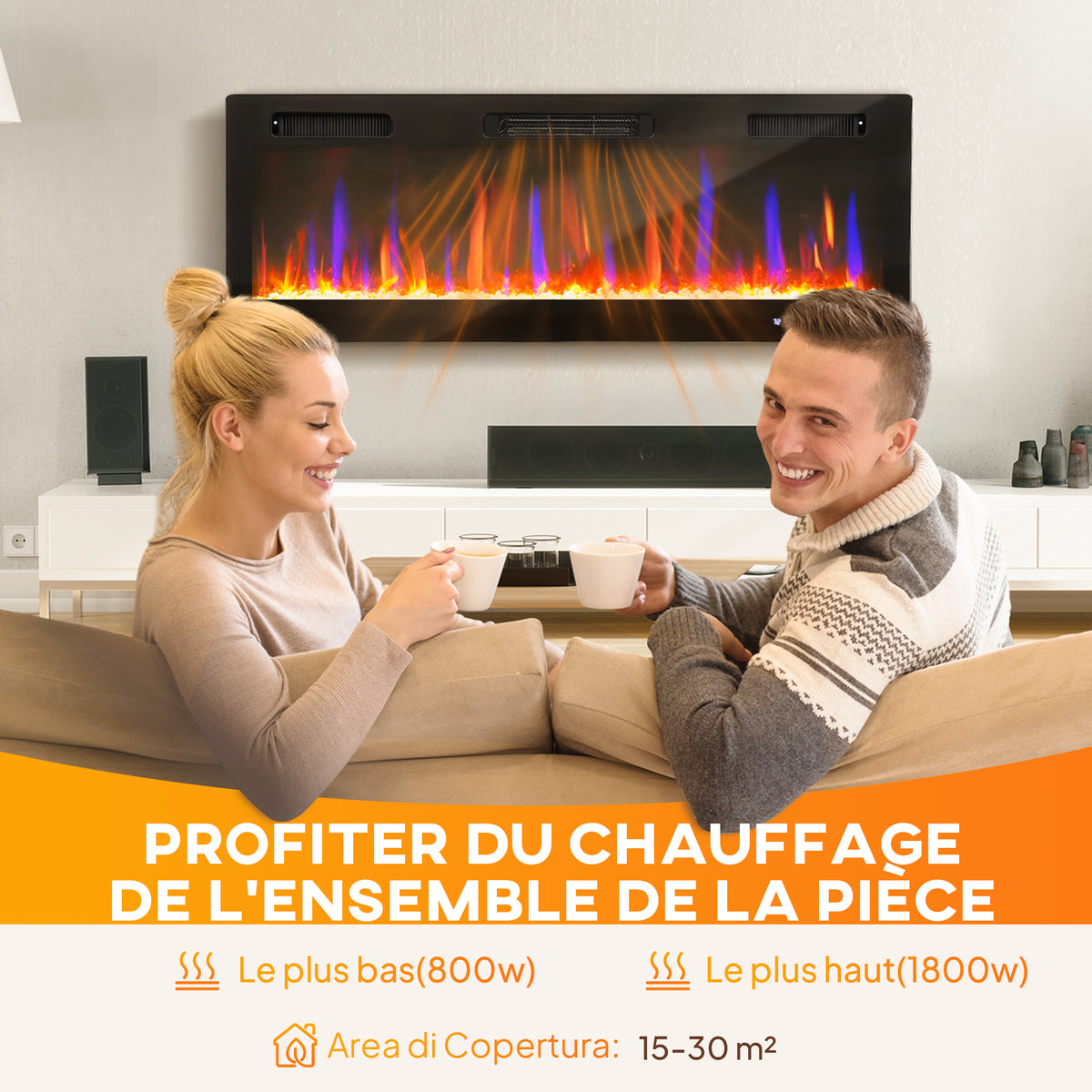 Cheminée électrique mural ou encastrable 900W/1800W, effet flamme à 12 couleurs 5 luminosités, 127 x 9,4 x 47 cm, noir-6