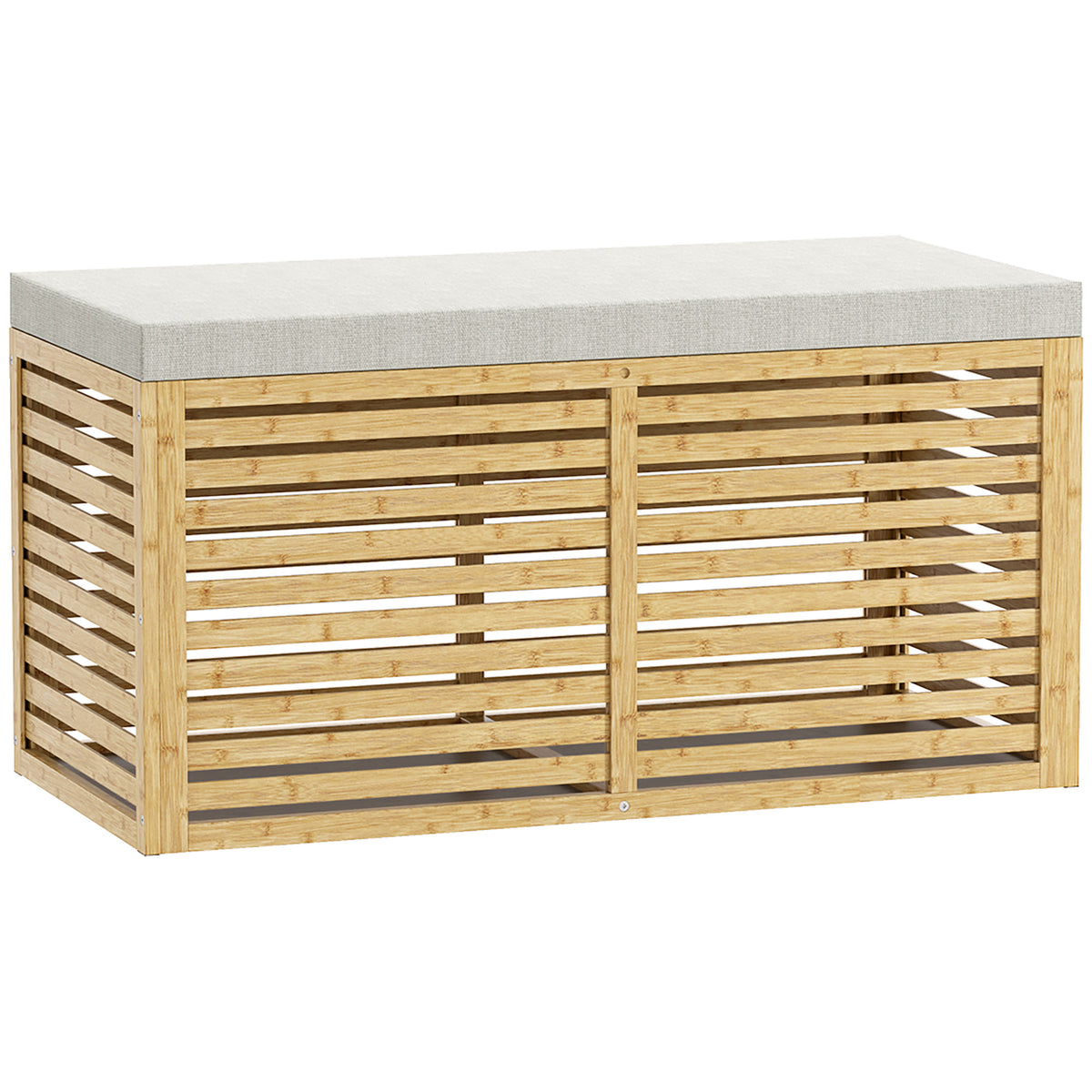 Banc de rangement, coffre de rangement rembourré en tissu aspect lin, couvercle et structure en bambou, gris et naturel-0