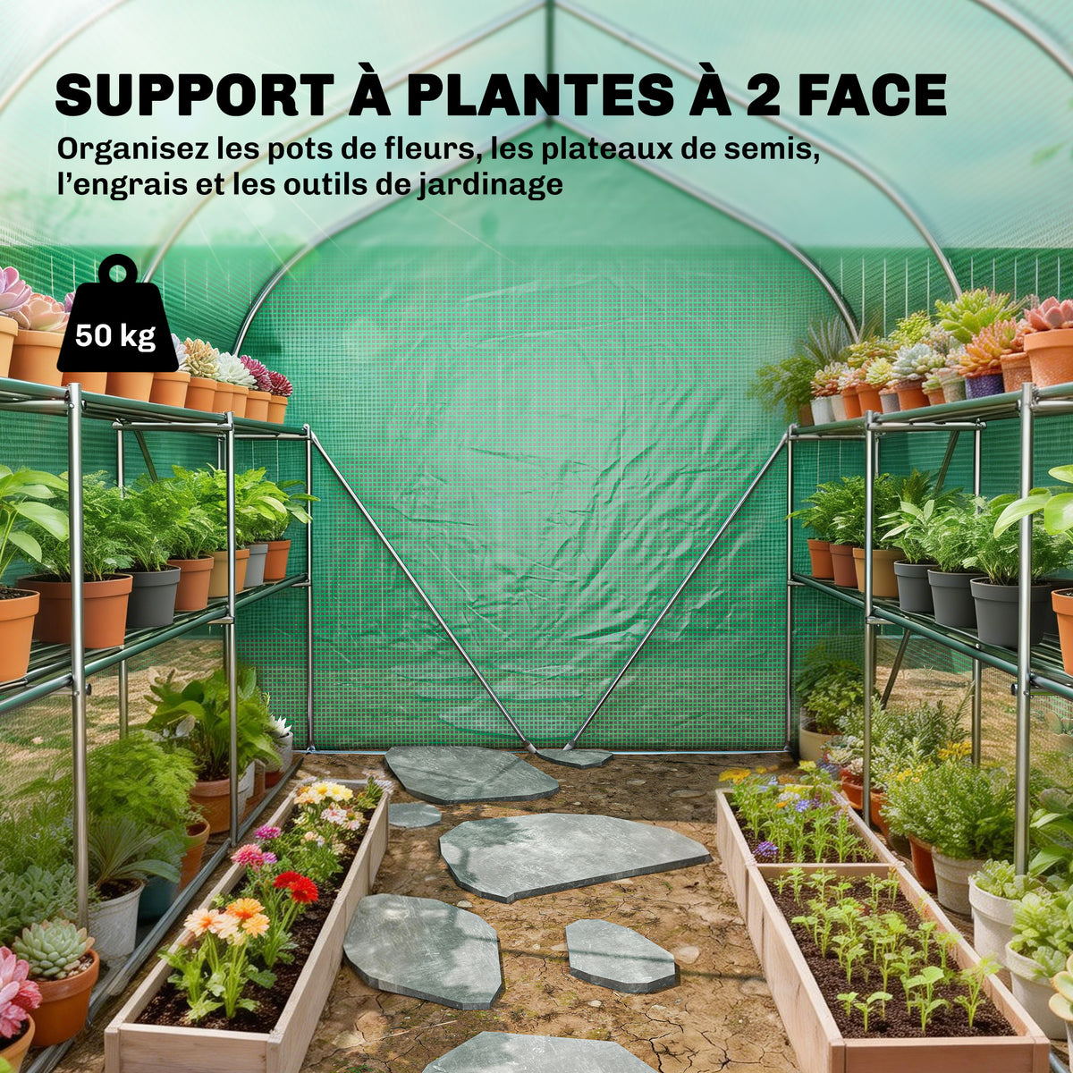 Serre tunnel de jardin 6m², serre de jardin avec étagères, porte et 6 fenêtres, cadre en acier galvanisé, vert-3