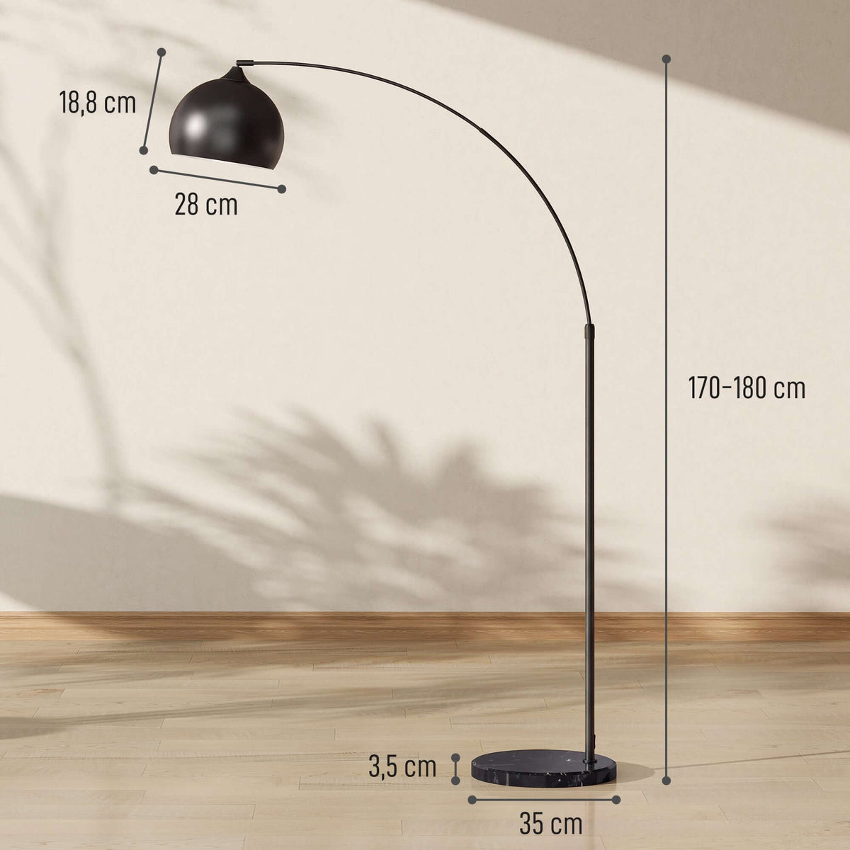 Lampadaire, Lampe de Salon Arc Réglable, Pied Marbre, Style Vintage, 40W, E27, 100-115L x 35l x 170-180H cm, Noir-2