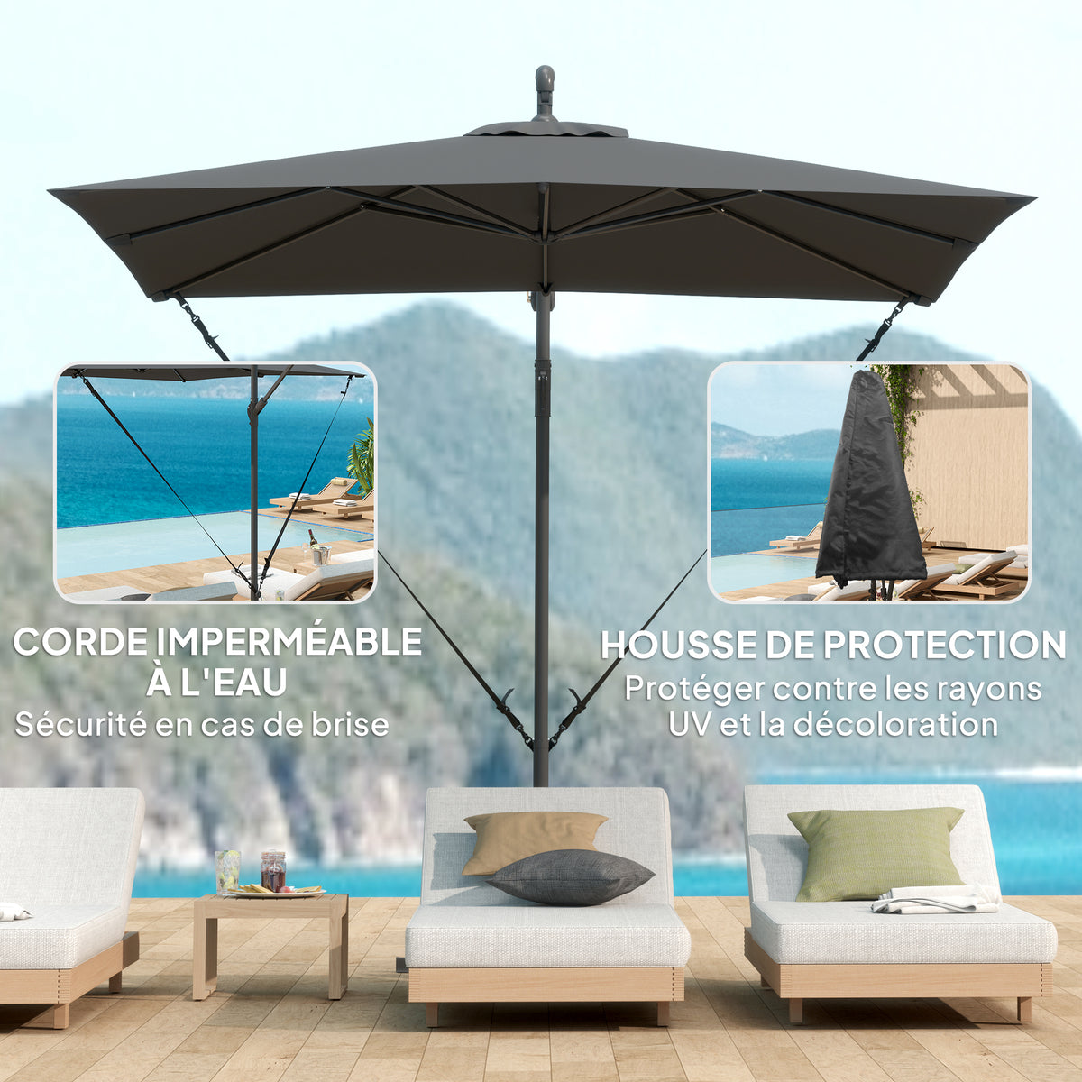 Parasol déporté parasol de jardin extérieur Toile ajustable 8 baleines base en croix manivelle, 2,5 x 2,5 m, gris foncé-3