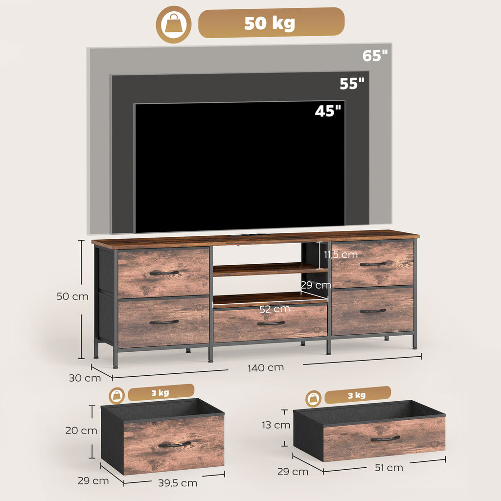 Meuble TV 140 cm, Meuble Télé 65 Pouces, Station de Charge, 5 Tiroirs en Tissu, Étagères Ouvertes, Brun Rustique-2