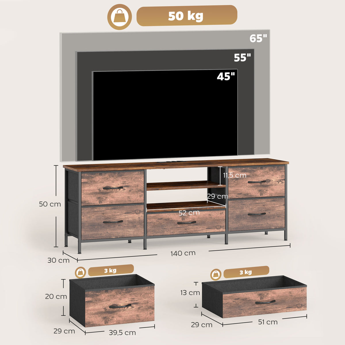 Meuble TV 140 cm, Meuble Télé 65 Pouces, Station de Charge, 5 Tiroirs en Tissu, Étagères Ouvertes, Brun Rustique-2