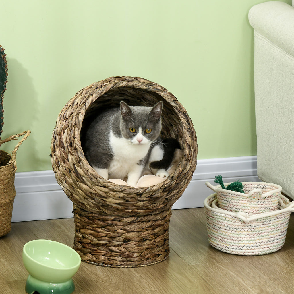 Panier lit surélevé pour chat, niche grotte cosy grand confort, dim. 40L x 37l x 51H cm coussin moelleux beige inclus-1