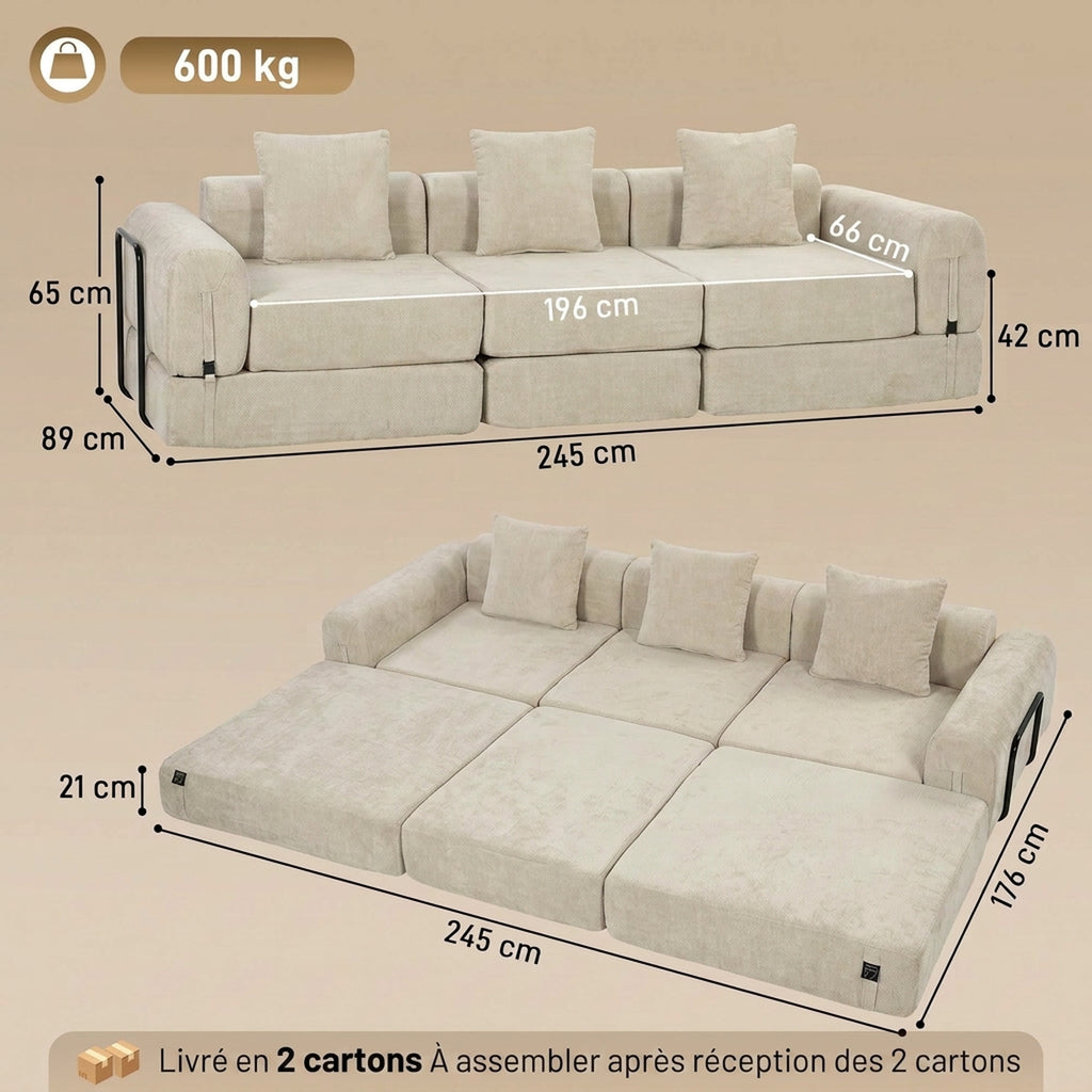 Canapé-Lit Pliable 245 cm, Canapé Compressé 3 Places Modulaire en Chenille avec Assise large, 3 Coussins, Beige-2
