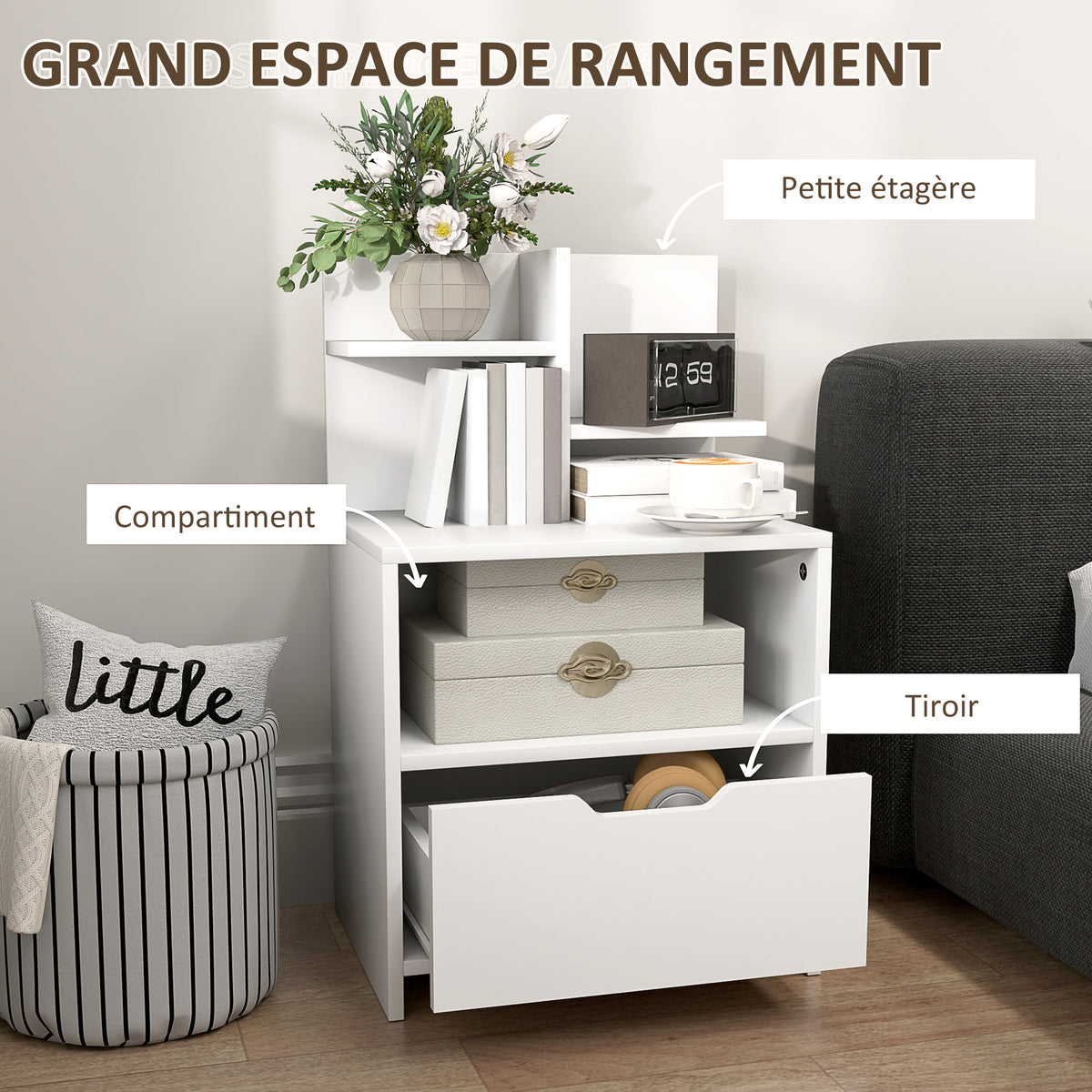 Table de chevet table de nuit avec tiroir, niche et étagères de rangement effet bois 45 x 35 x 73 cm blanc-4