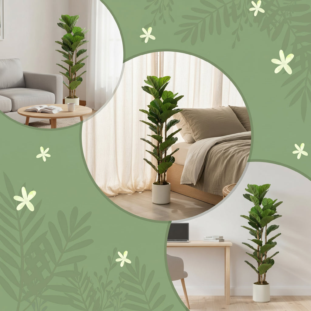 Lot de 2 plantes artificielles 120 cm Figuier lyre arbre artificiel avec pot en plastique et tronc en bois massif, vert-6