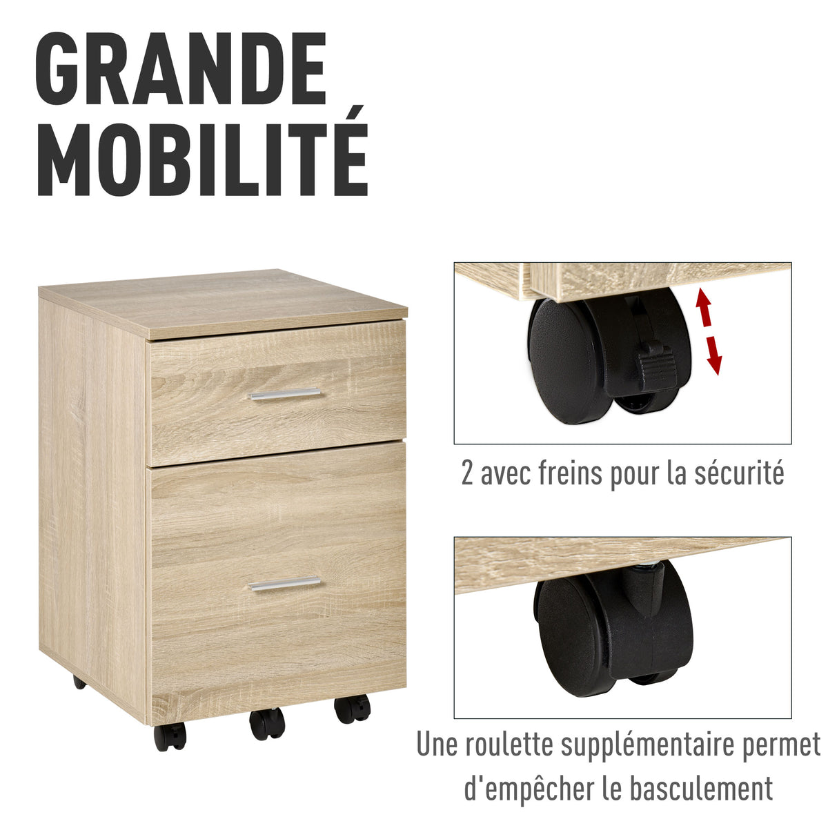 Caisson de bureau caisson de rangement mobile 2 tiroirs 5 roulettes en panneau de particules 39,5 x 39 x 58,5 cm-4