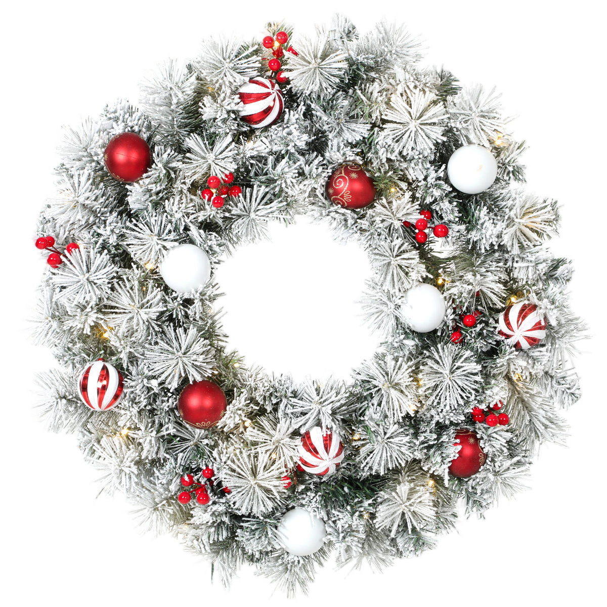 Couronne de Noël Lumineuse 60 cm Enneigée Floquée avec 50 LED, 15 Boules Décoratives, 140 Branches, 8 Modes, Vert-0