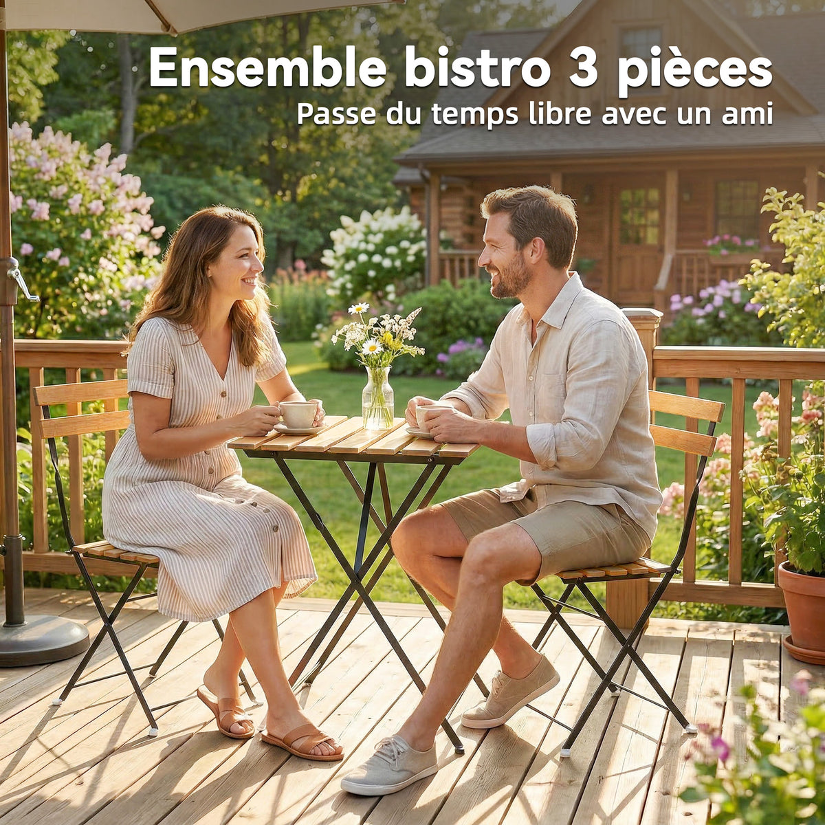 Ensemble de Salon de Jardin Bistrot 3 Pièces, 2 Chaises Pliantes, Table Carrée en Bois d'Acacia, 55x55x71cm, Naturel-4