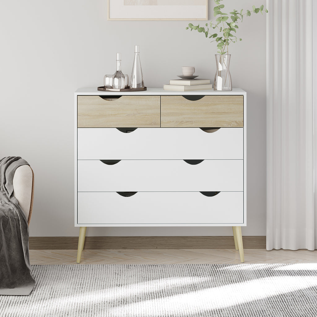 Commode 5 tiroirs Design scandinave Meuble de Rangement Chambre Panneau de Particules 99 x 39 x 101 cm Blanc Aspect chêne Clair-7