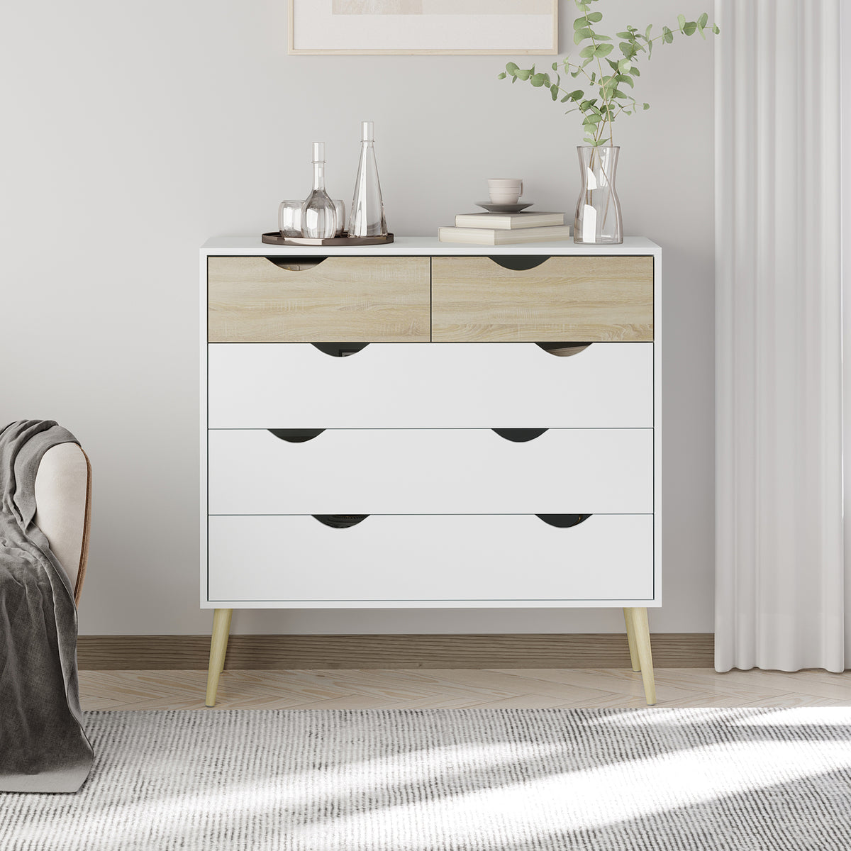 Commode 5 tiroirs Design scandinave Meuble de Rangement Chambre Panneau de Particules 99 x 39 x 101 cm Blanc Aspect chêne Clair-7