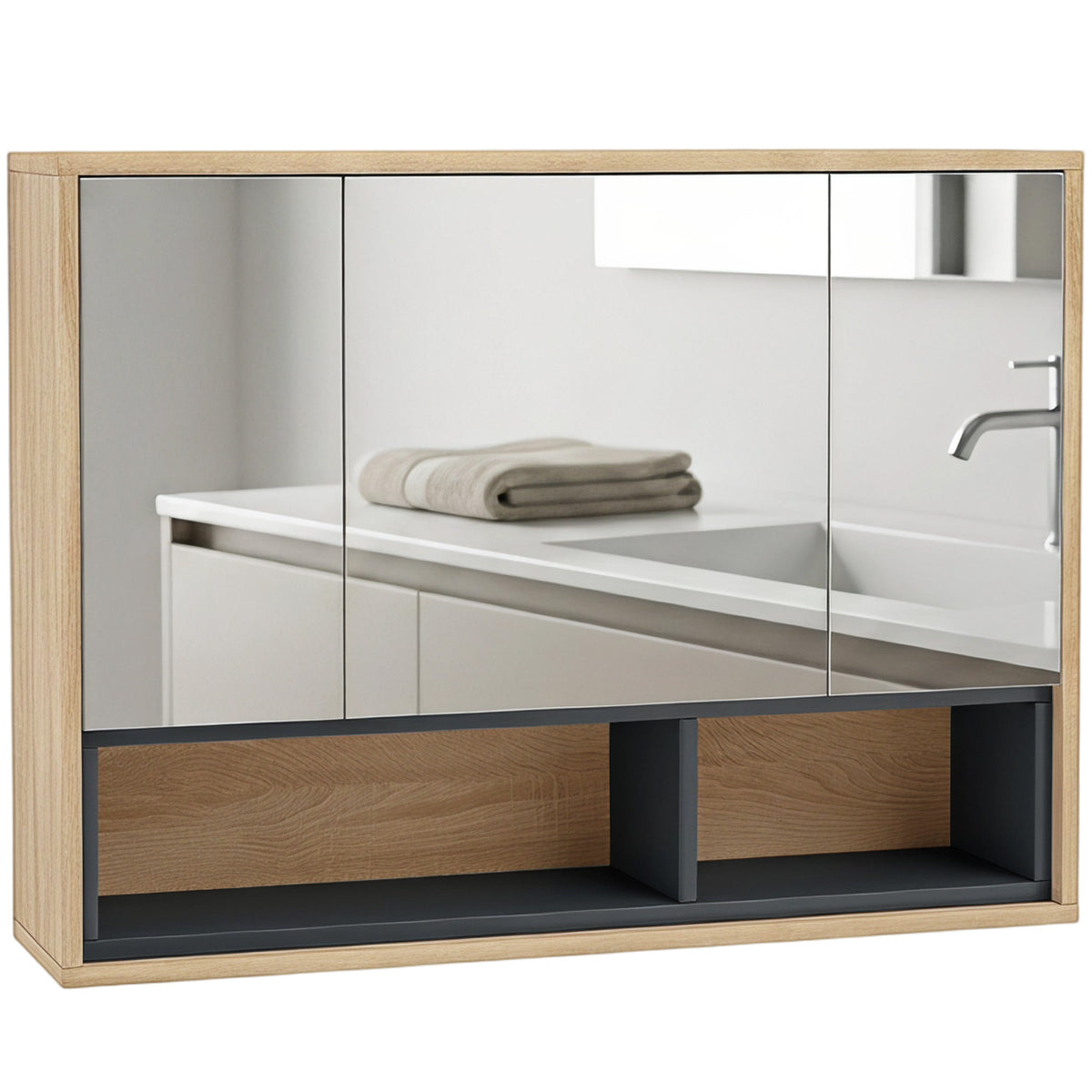 Meuble salle de bain avec miroir, armoire toilettes murale avec placards à 3 portes et 8 compartiments, chêne-0