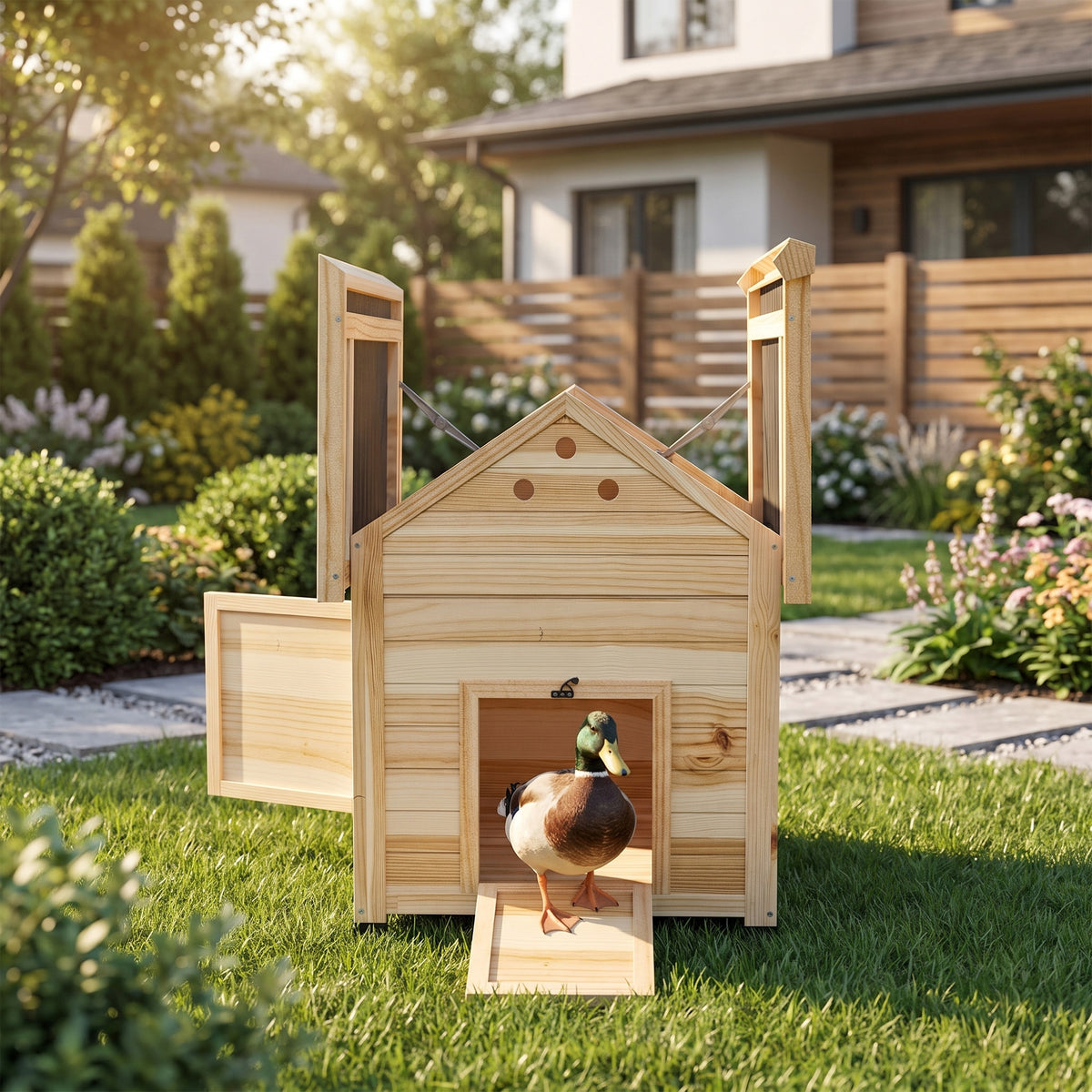 Poulailler en bois pour canards abri pour canards toit ouvrant double porte 78 x 90 x 92 cm effet bois naturel-1
