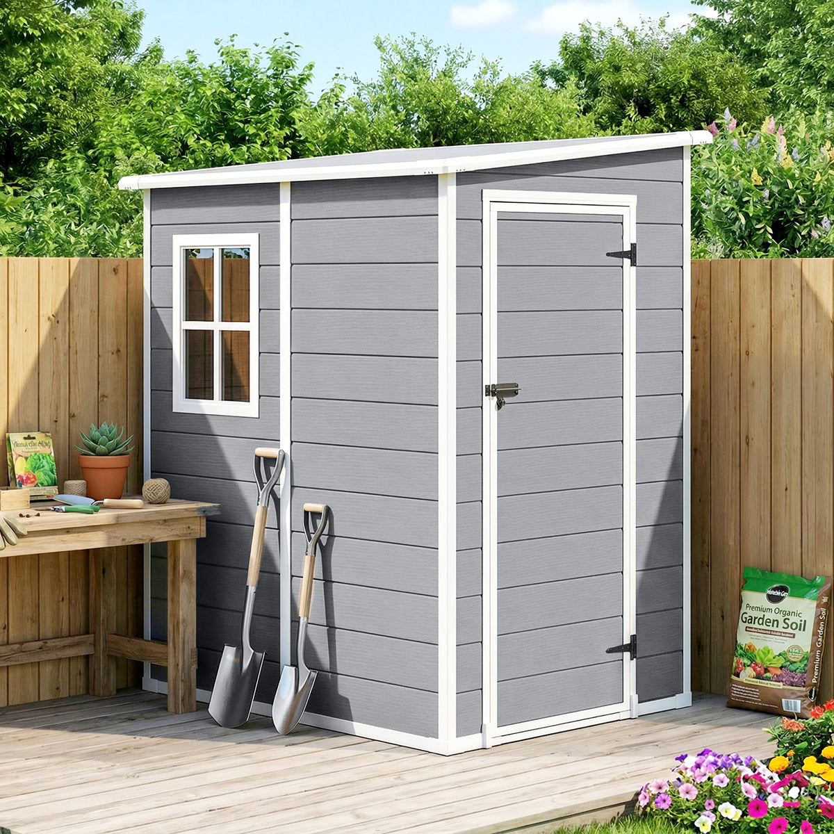 Abri de jardin 1,54 m² pour outils porte verrouillable, aération et fenêtre dim. 122L x 149l x 192/177H cm, gris-1