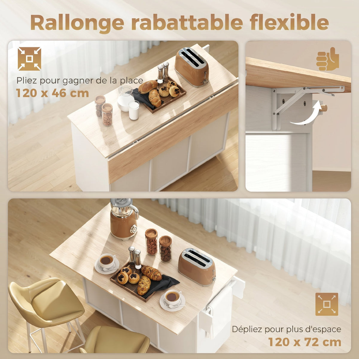 Îlot de cuisine avec plateau rabattable, chariot à roulettes 2 tiroirs, 3 portes, porte-racks et porte-serviettes, blanc-3