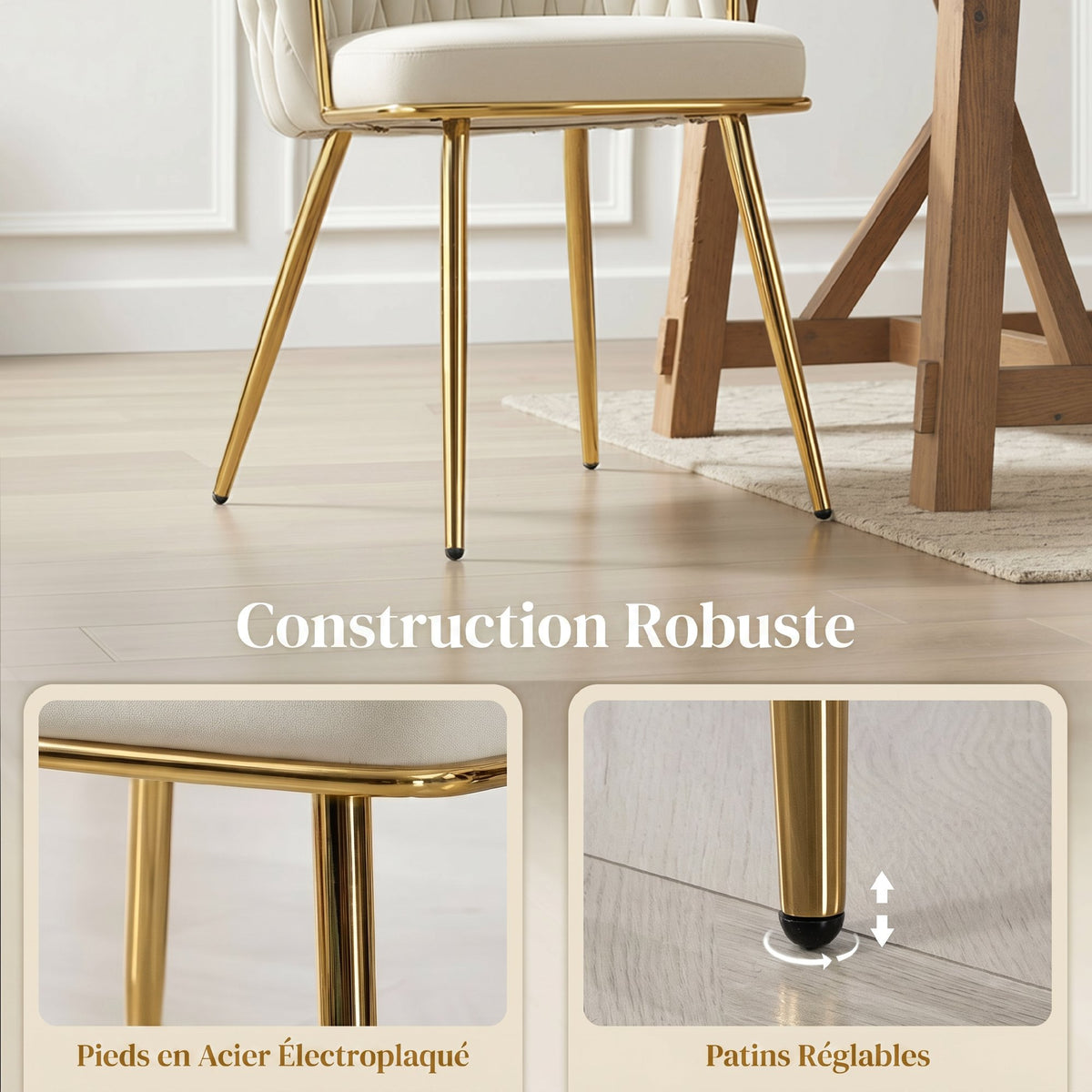 Lot de 2 chaises de salle à manger, chaises de cuisine rembourrées en velours avec dossier tressé et accoudoirs, crème-6