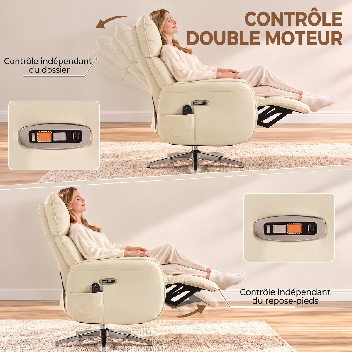 Fauteuil Relax Électrique Pivotant Massant et Chauffant Fauteuil Inclinable en PU Hauteur Réglable Double Moteur Crème-4