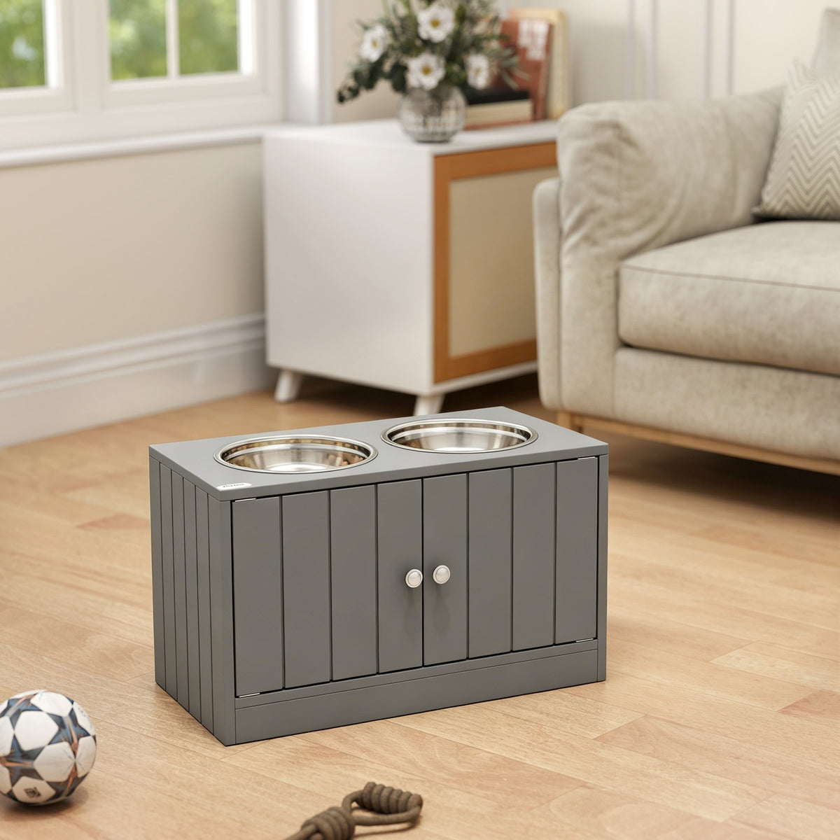 Gamelles Chiens Surélevées Gamelle Double Chien Chat Porte-Gamelles 2L Acier Inox 60 x 30 x 35,5 cm Gris-1