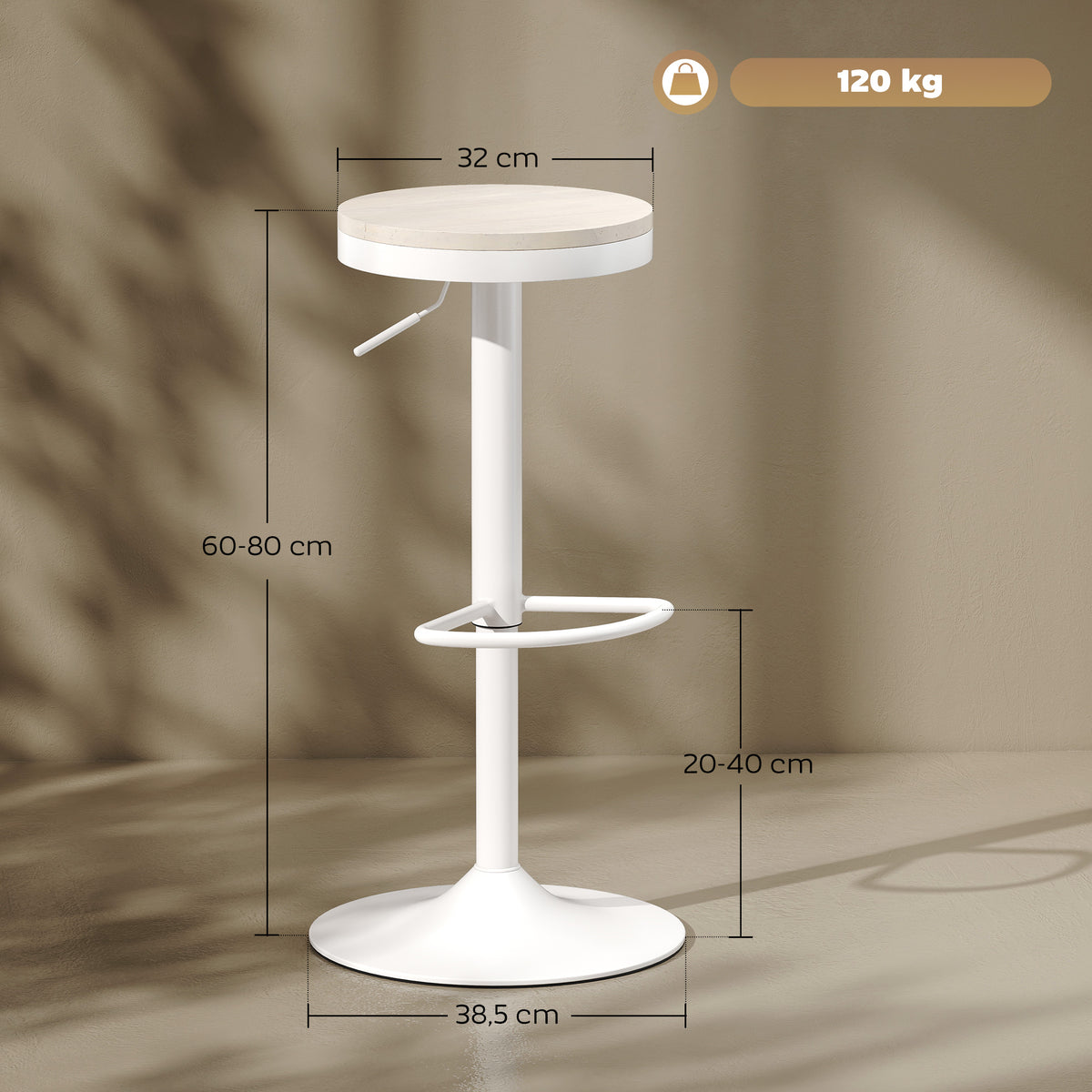 Lot de 2 tabourets de bar, chaises de bar pivotantes avec assise en hévéa, hauteur réglable et repose-pieds, blanc-2