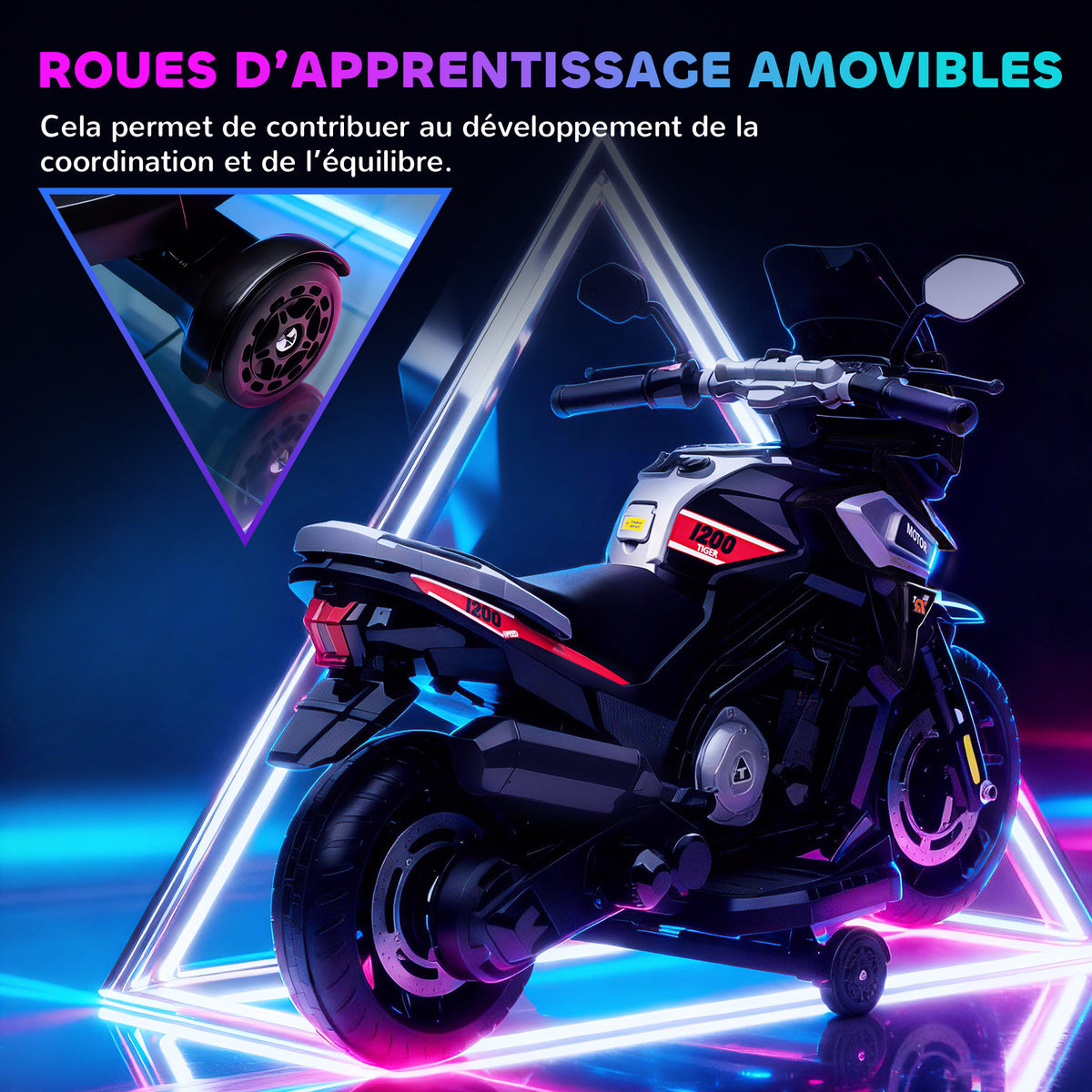 Moto électrique enfants 6 V, voiture électrique enfants avec roues d'entraînement, musique, effets lumineux, noir-4