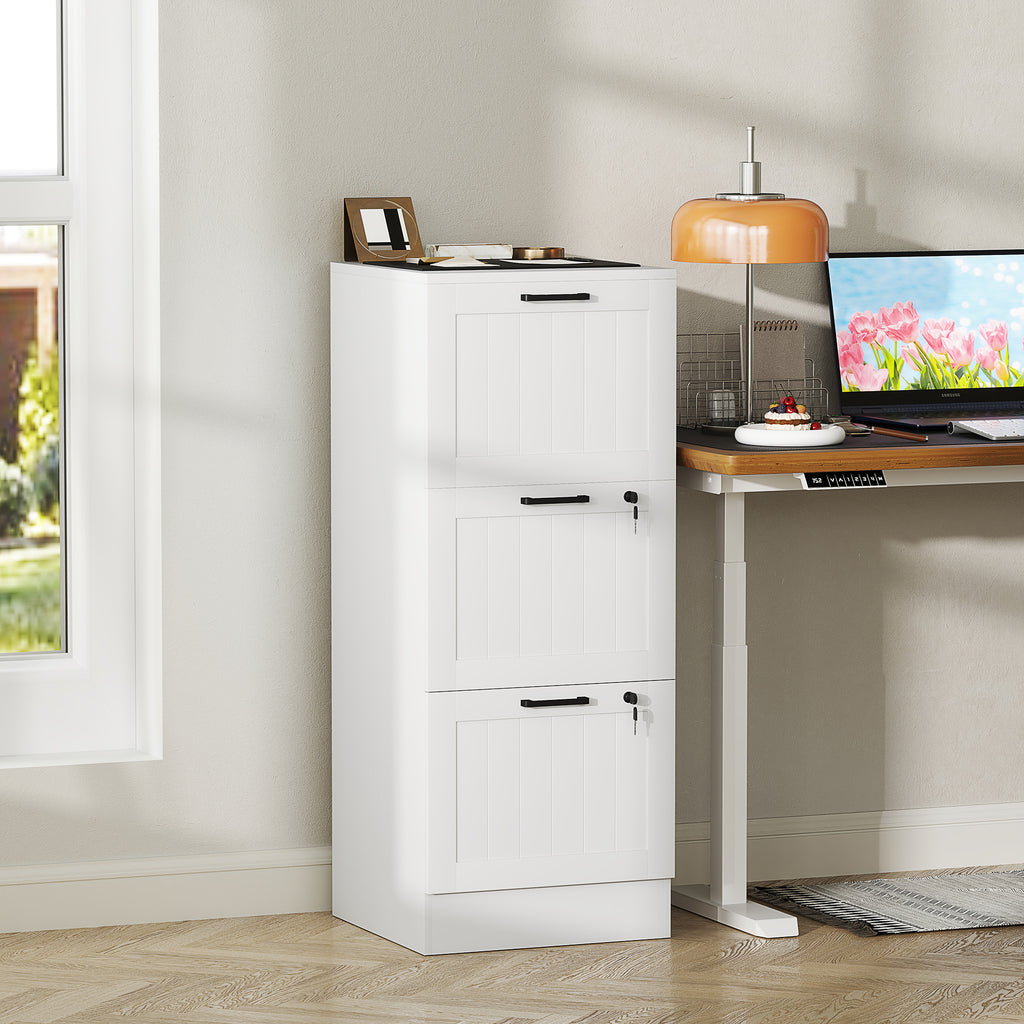 Caisson bureau, meuble rangement bois 3 tiroirs et serrure, barres de suspension réglables, 40 x 40 x 101 cm, blanc-1