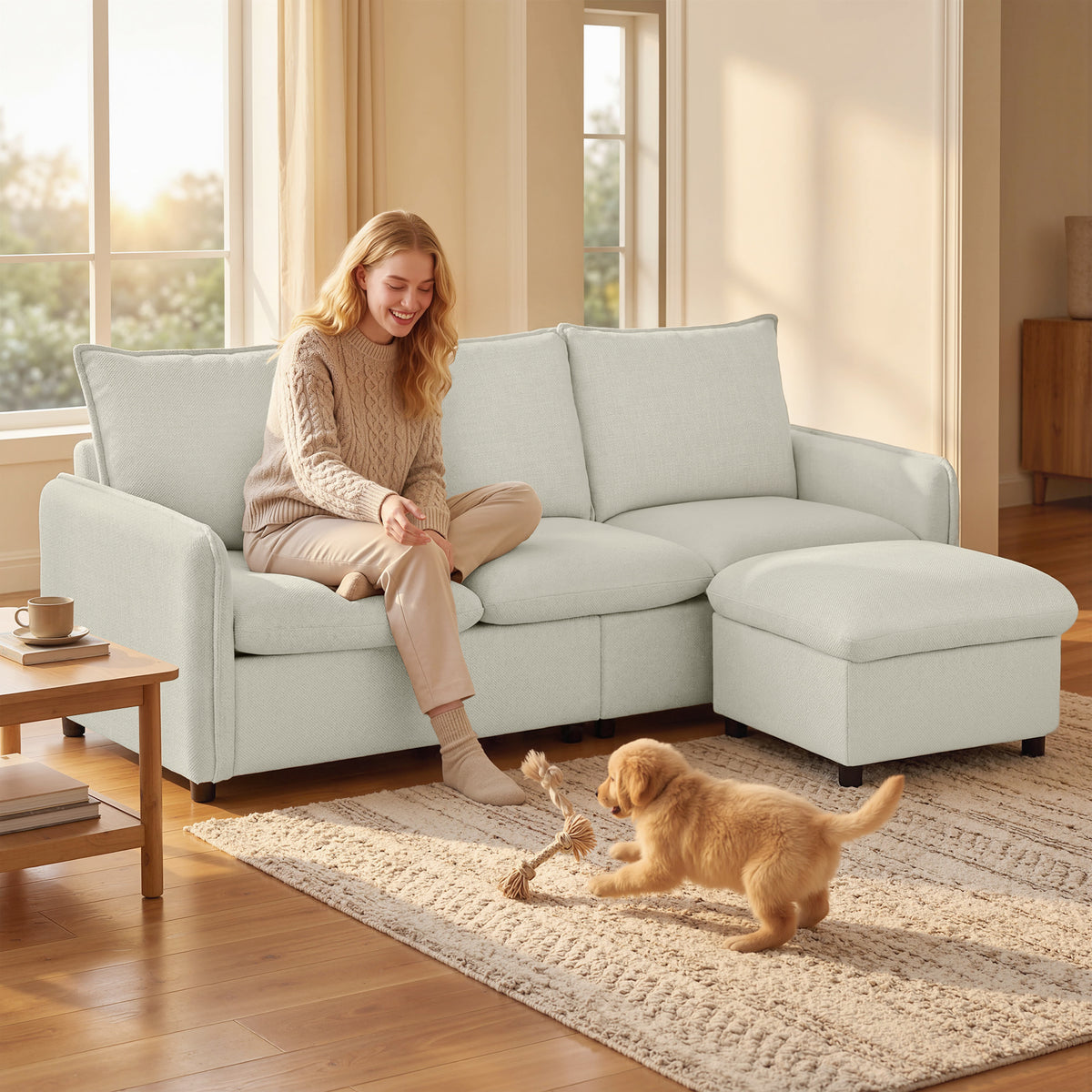 Canapé 3 places avec pouf de rangement, canapé d'angle modulable 212 cm, coussins à ressorts, tissu en lin, crème-9