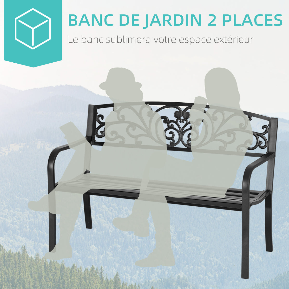 Banc de Jardin terrasse en Acier Fonte Noir 2 Places 127 x 60 x 87 cm Charge Max 240 Kg-3