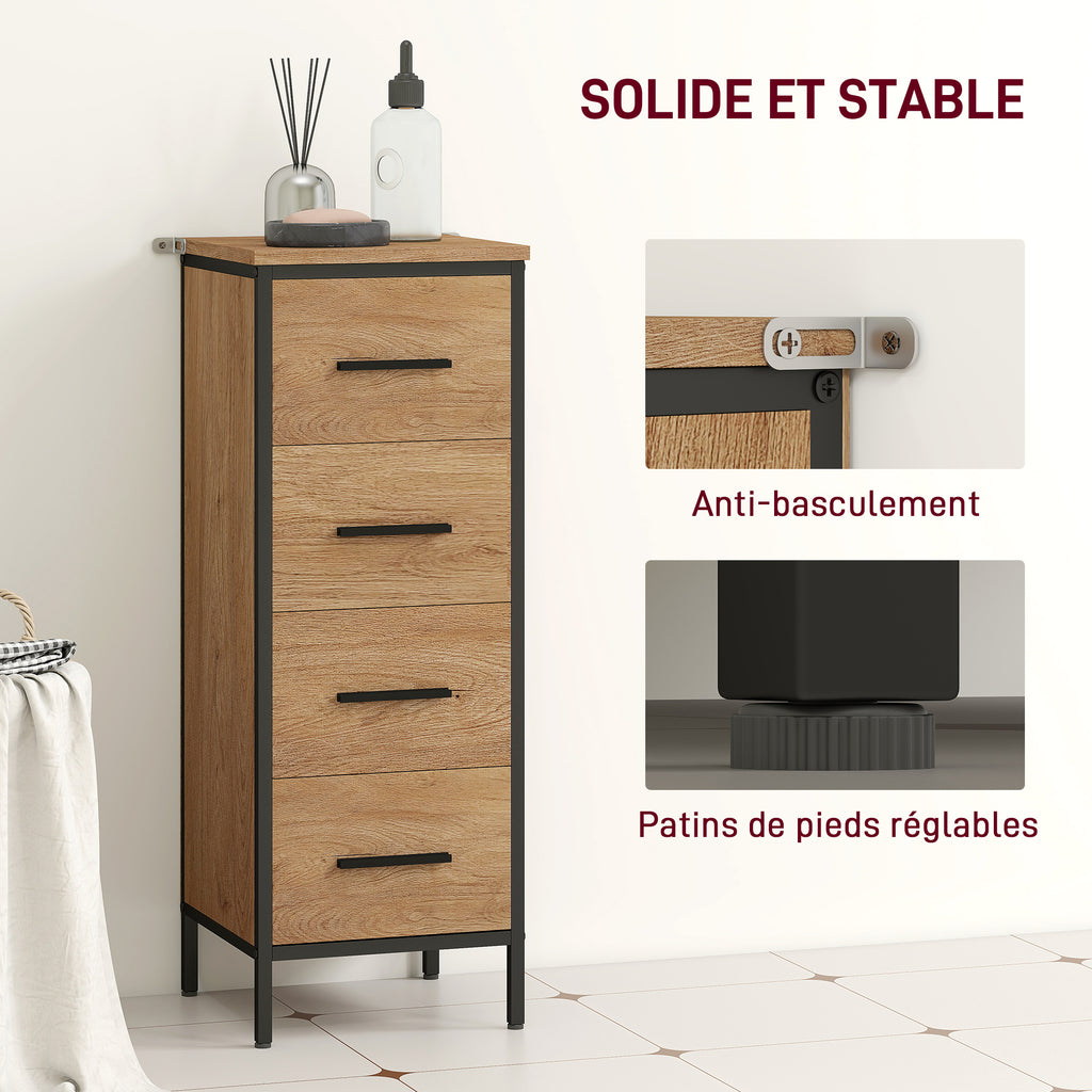 Meuble de salle de bain étroit avec 4 tiroirs et structure en acier, 30 x 30 x 82 cm, chêne-5