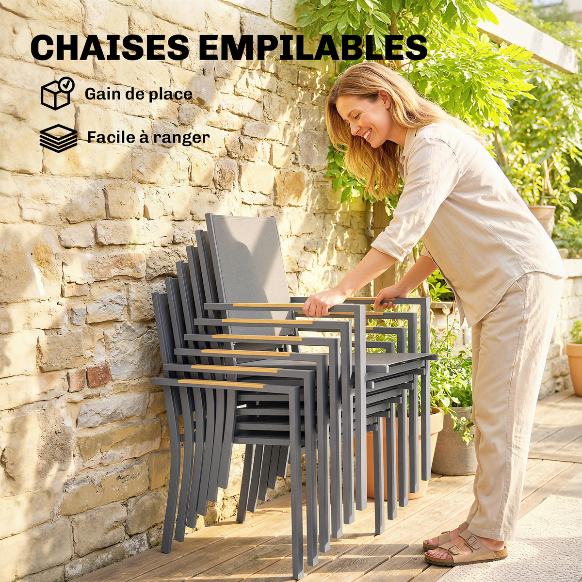 Salon de Jardin Ensemble Mobilier de Jardin 7 Pièces Table Effet Bois 6 Chaises Empilables en Textilène 140x80x72cm Gris-4
