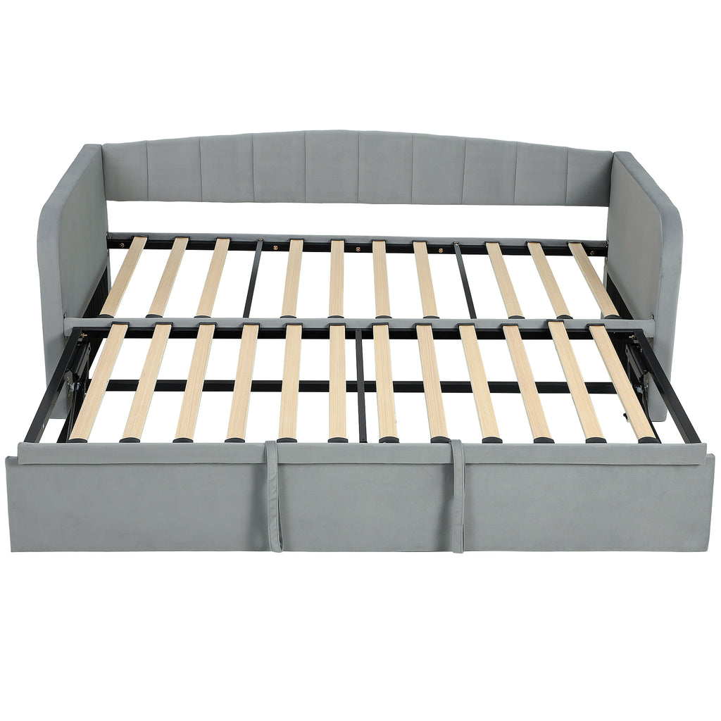 Lit Gigogne 90/180x190 cm, Canapé Lit Convertible 3 Places, Sommier à Lattes en Bois, Tête Rembourrée en Velours, Gris-0