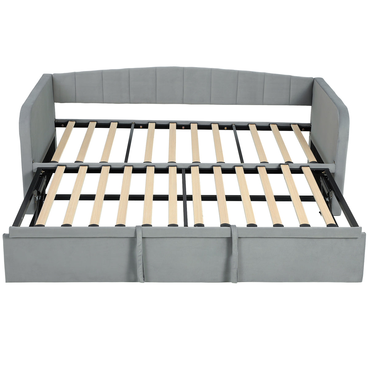 Lit Gigogne 90/180x190 cm, Canapé Lit Convertible 3 Places, Sommier à Lattes en Bois, Tête Rembourrée en Velours, Gris-0