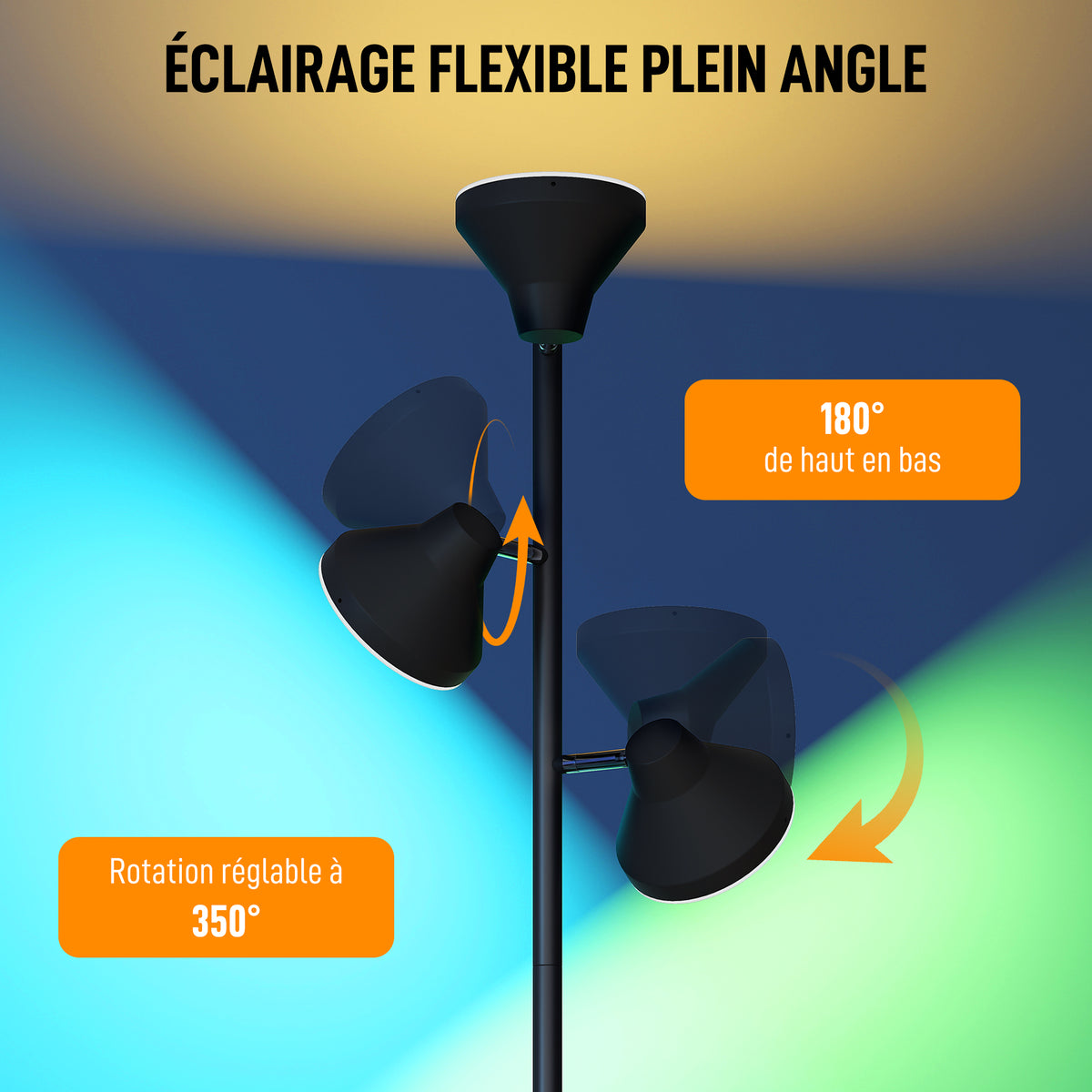 Lampadaire LED lampadaires sur pied salon dimmable 2700K-6000K 4150 lm 3 têtes rotatives Ø 25 x 170 cm noir-4