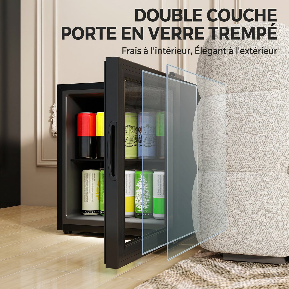 Réfrigérateur à boissons 46L 59 canettes, mini frigo silencieux pose libre avec porte en verre trempé double, noir-5