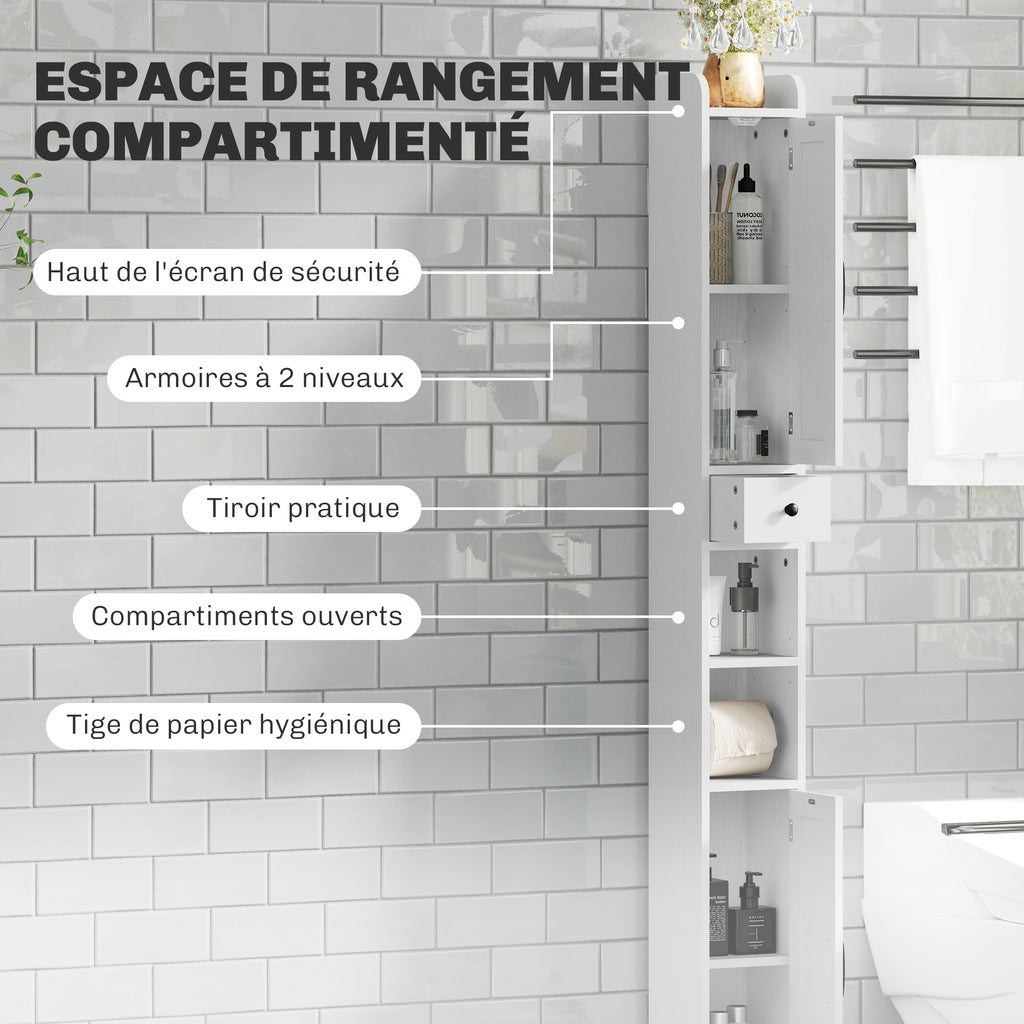 Armoire salle de bain haute, meuble de rangement colonne, 2 portes, tiroir, étagères réglables, 20x20x185cm, blanc-3