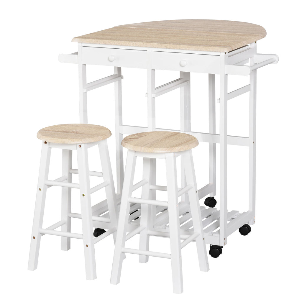 Ensemble Table de Bar Pliable sur roulettes avec étagère et 2 tiroirs + 2 tabourets Bois pin MDF Blanc chêne Clair-0