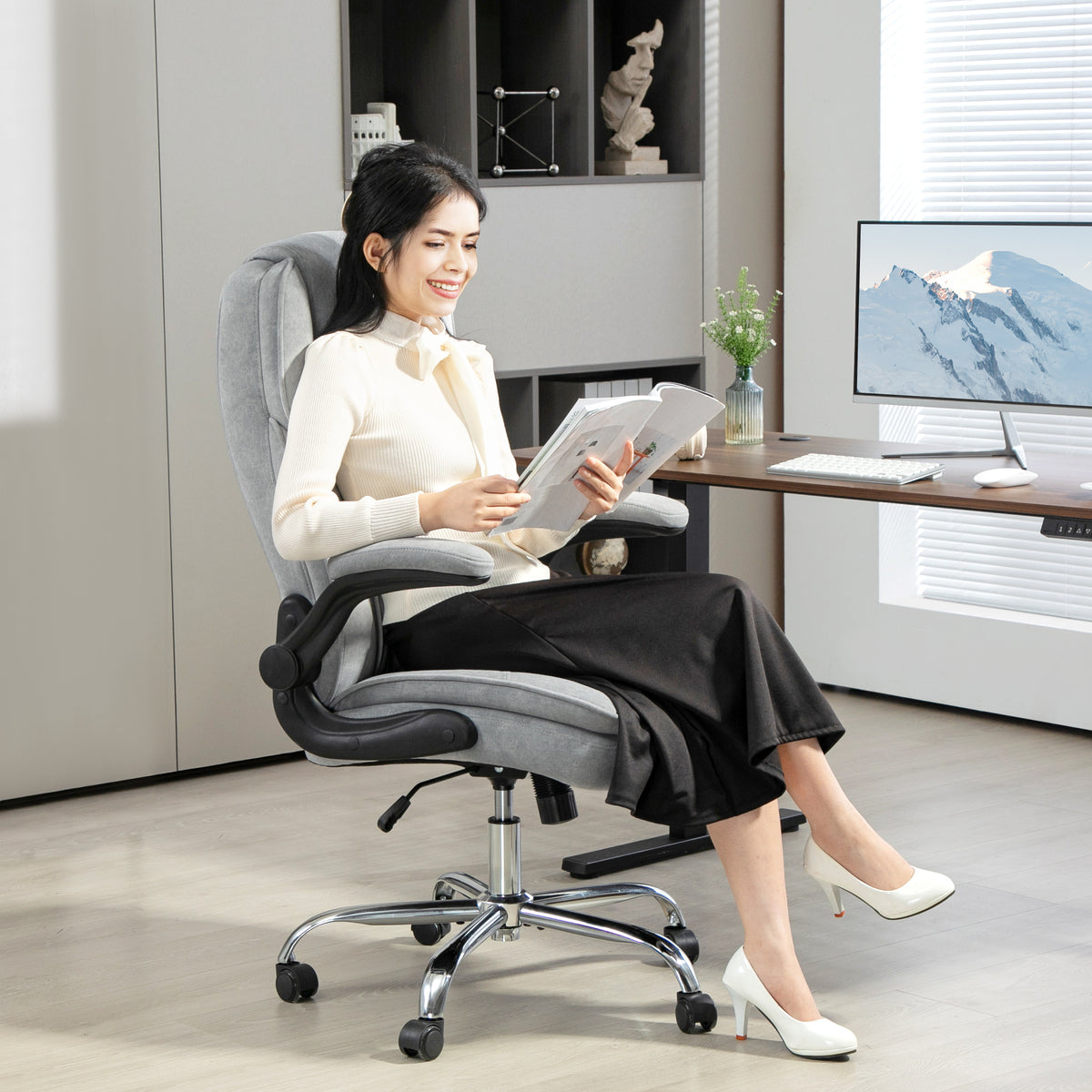 Fauteuil de bureau, chaise bureau ergonomique, hauteur réglable, accoudoirs relevables, 70 x 70 x 114-122 cm, gris-1