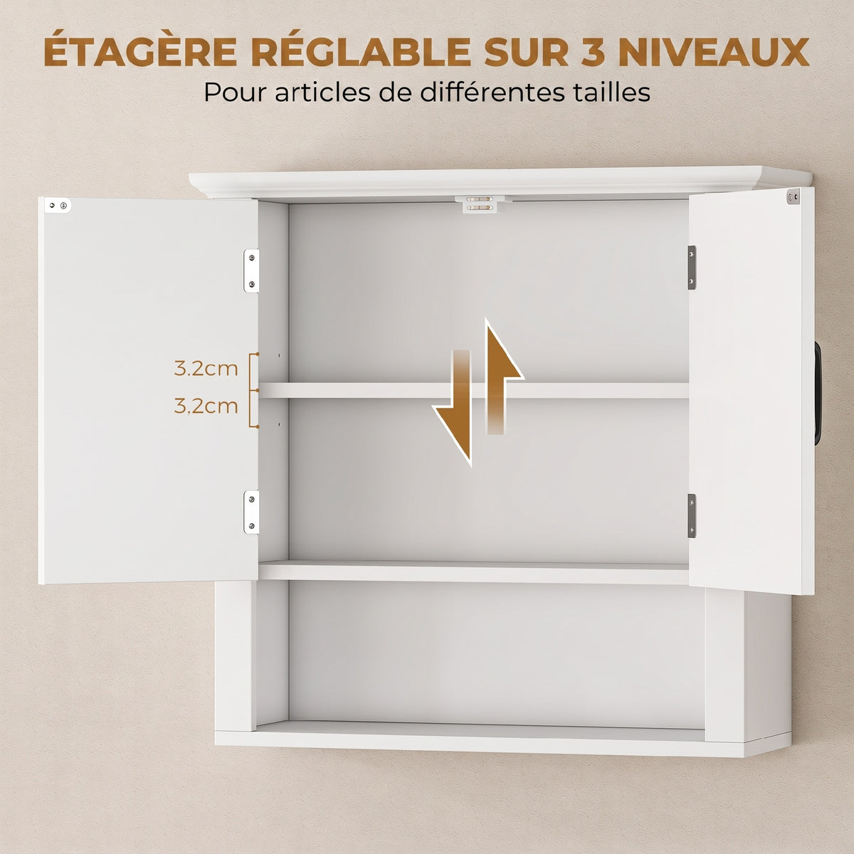 Armoire Haute Murale de Salle de Bain ou WC Placard 2 Portes 2 étagères Niche dim. 60L x 20l x 58H cm MDF Panneaux Particules Blanc-4