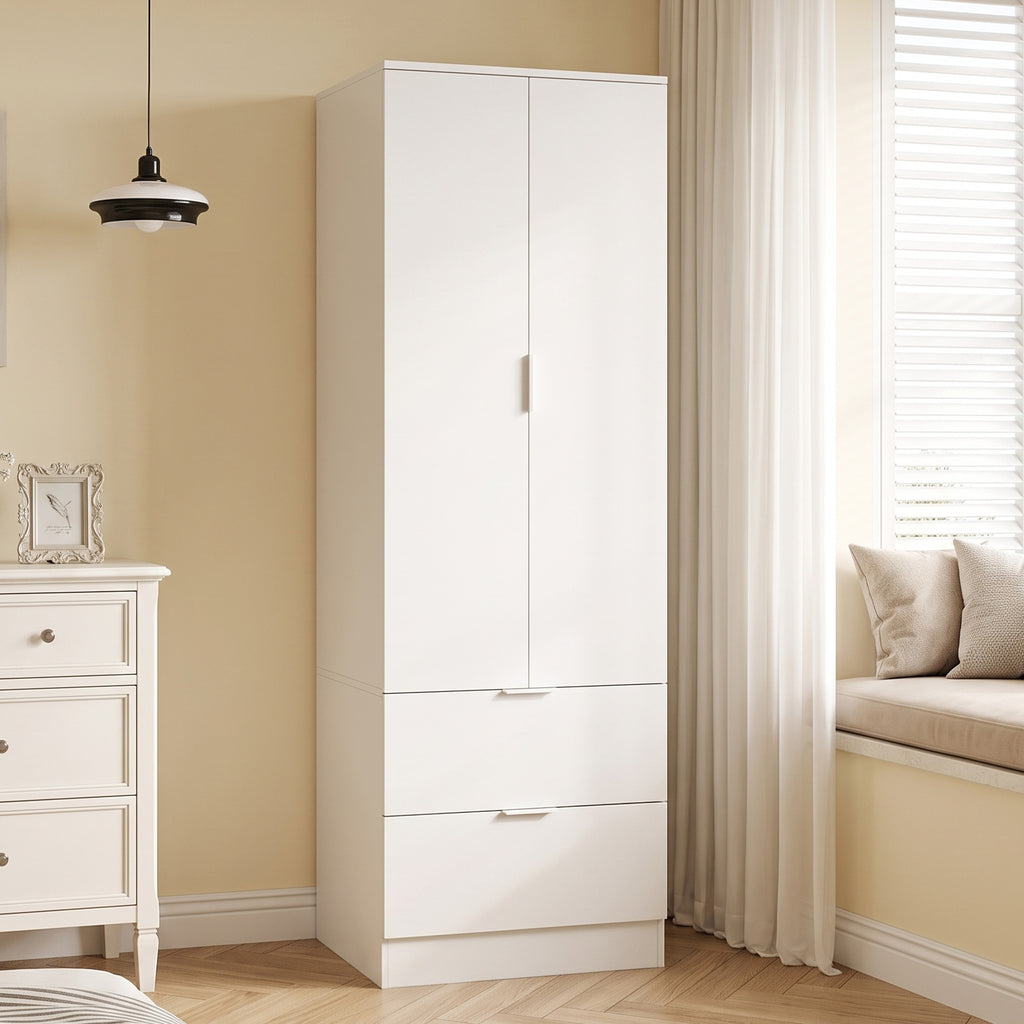 Armoire Chambre Penderie avec 2 Tiroirs, 2 Portes à Fermeture Douce et Barre de Suspension, 60 x 47 x 180 cm, Blanc-1