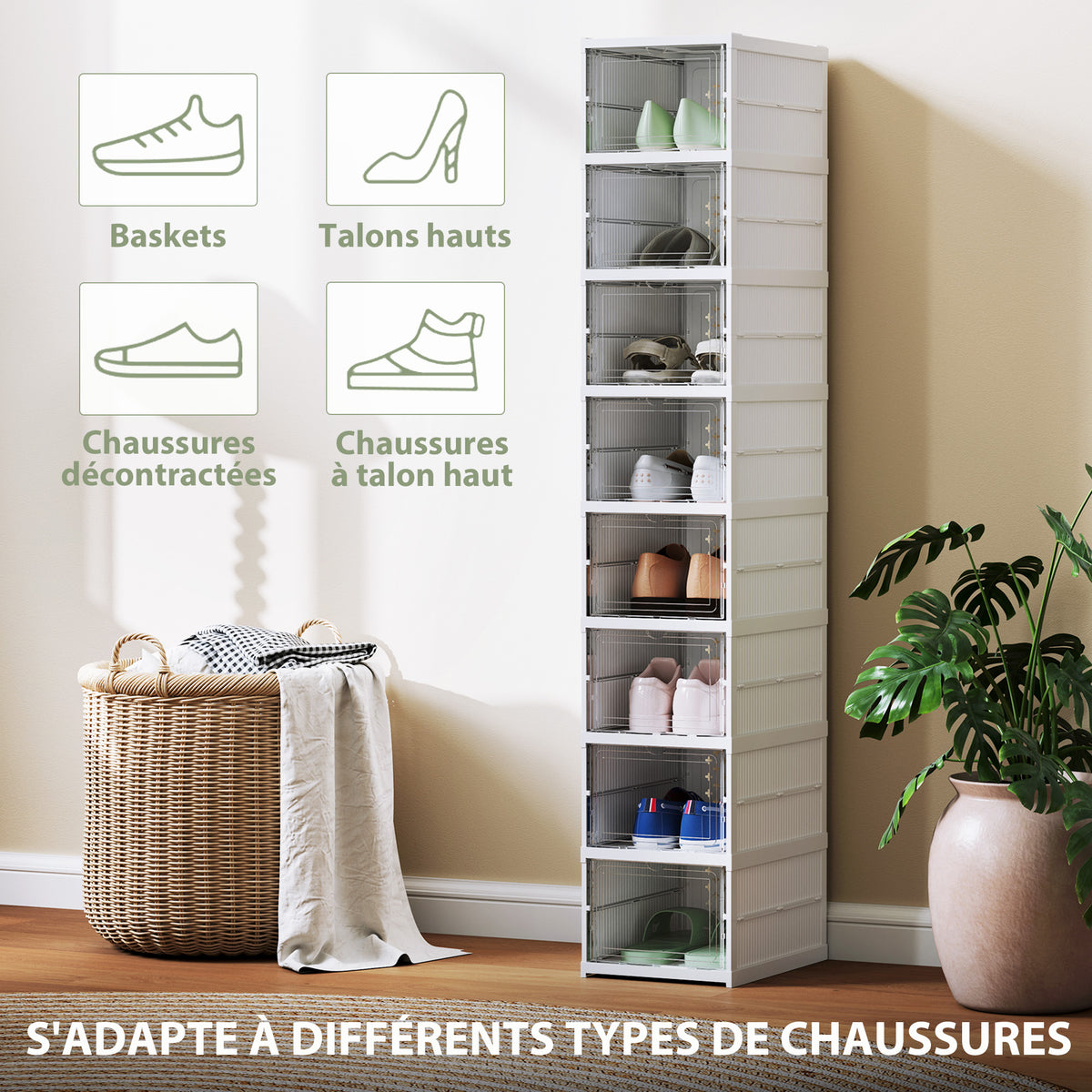 Lot de 8 boîtes à chaussures pliables en plastique empilables avec couvercles, pour pointure jusqu'à 43, blanc-5