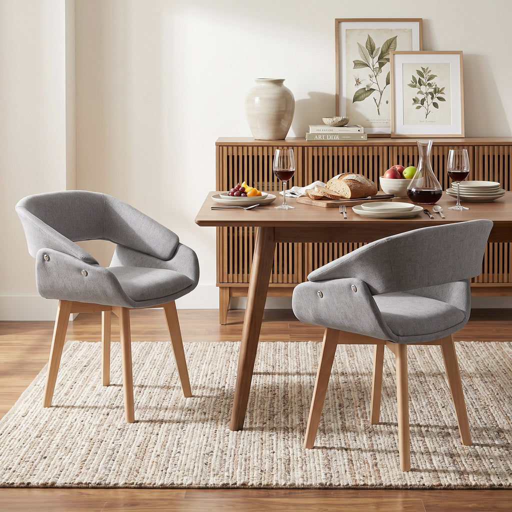 Lot de 2 Chaises Salle à Manger, Chaises de Cuisine en Tissu Effet Lin, Dossier Incurvé, Pieds en Bois de Hêtre, Gris-1