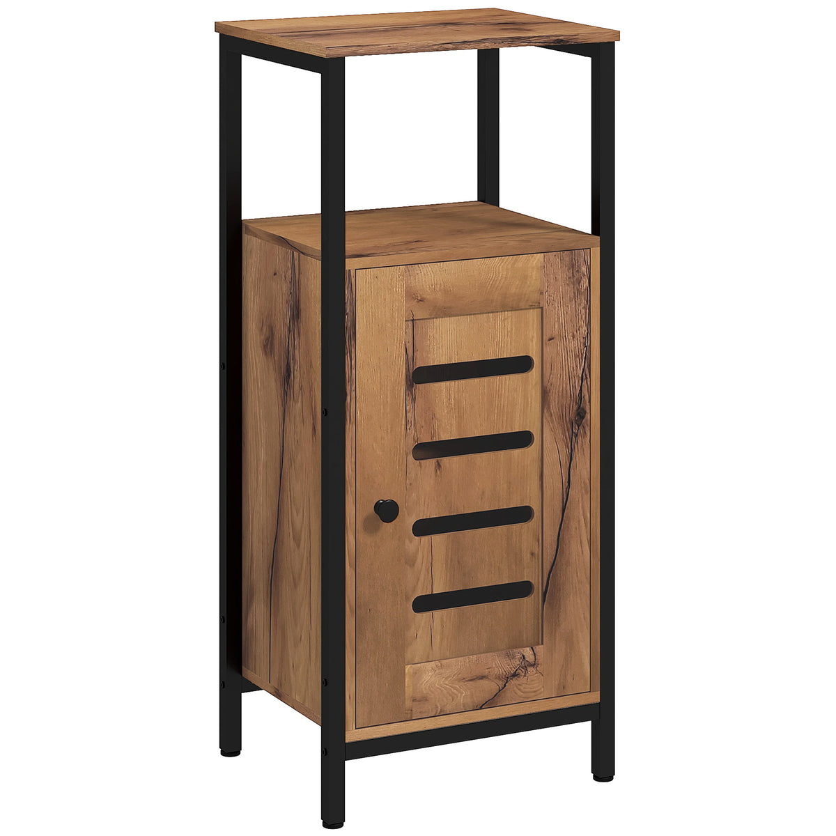 Meuble bas de salle de bain avec porte à lamelles structure en acier niche ouverte 37 x 30 x 85 cm brun rustique-0