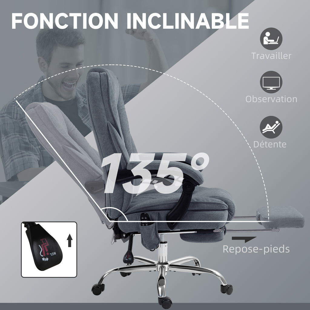 Fauteuil de bureau massant et chauffant hauteur réglable dossier inclinable télécommande repose-pieds rétractable gris-5
